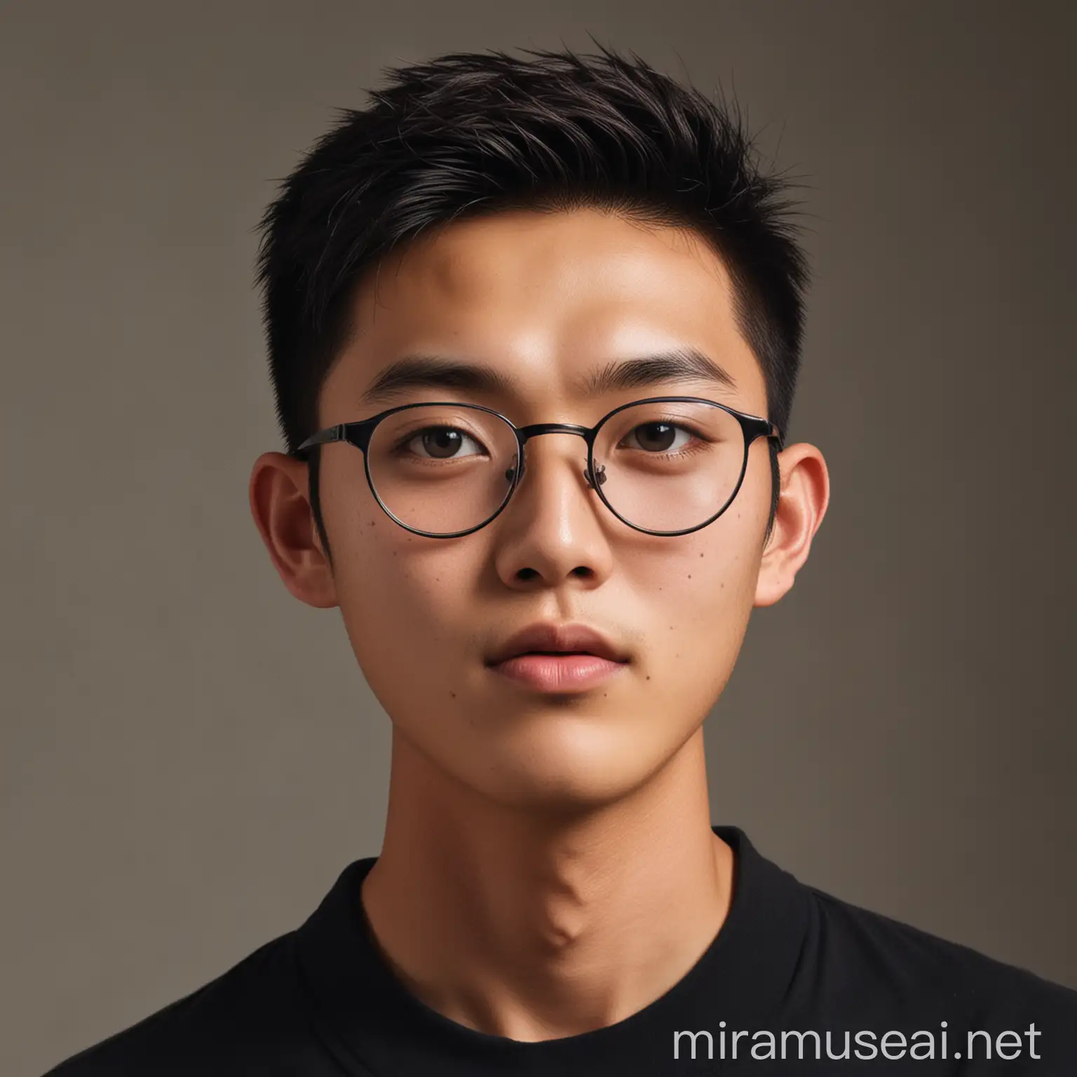 Stylish 20YearOld Chinese Male with Crew Cut and BlackFramed Glasses