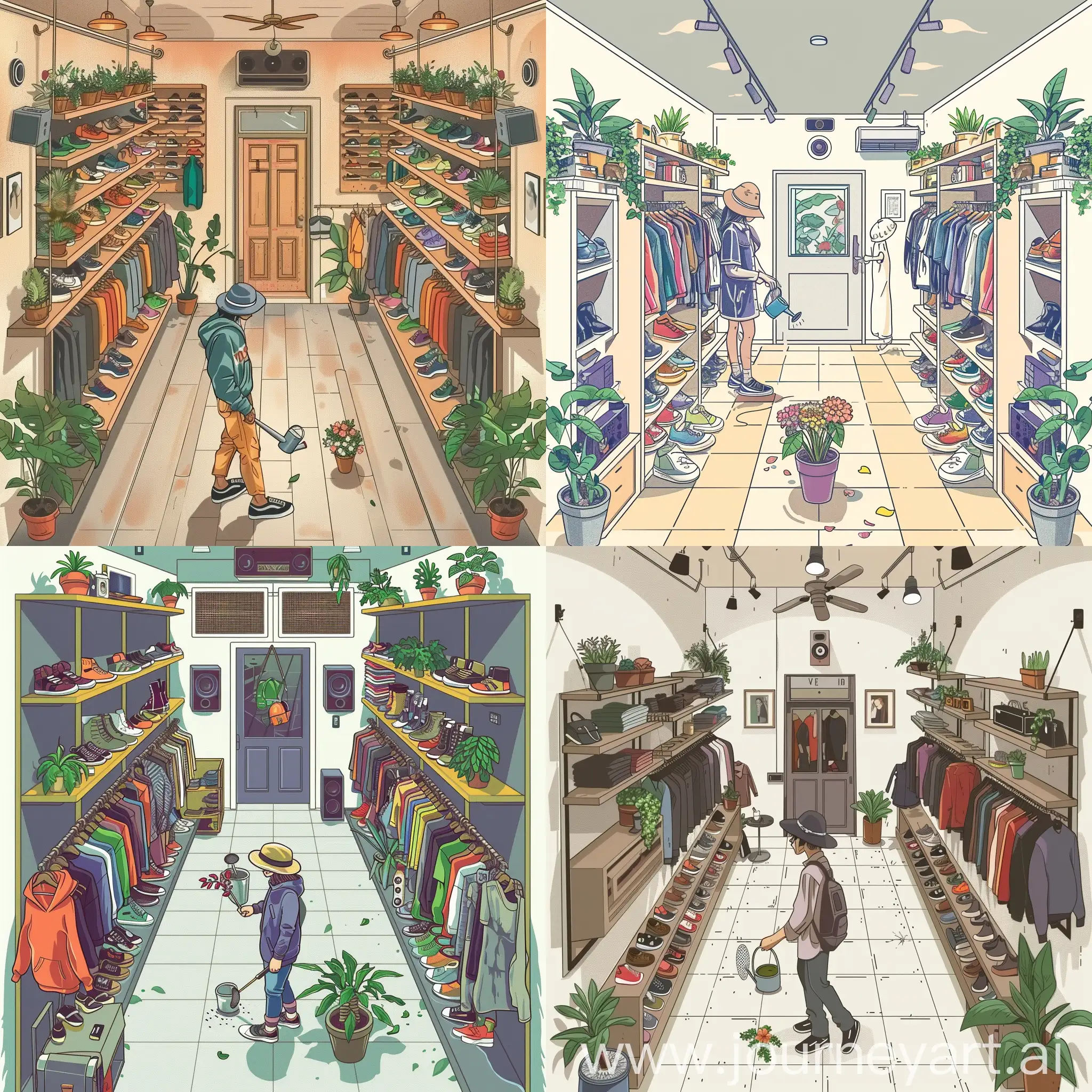 draw vector illustration of vintage clothing and shoe store inside, at the beginning of the store on the aisle there is a seller in fashionable vintage street style clothes and watering a flower, the room itself is not narrow but quite spacious, in the center there is a door and two windows on the sides in the middle between the windows and the door there are shelves with shoes and in the middle of the store there are racks with clothes, at the top there is a sound system hanging in the corners, green plants in pots are placed around the store 