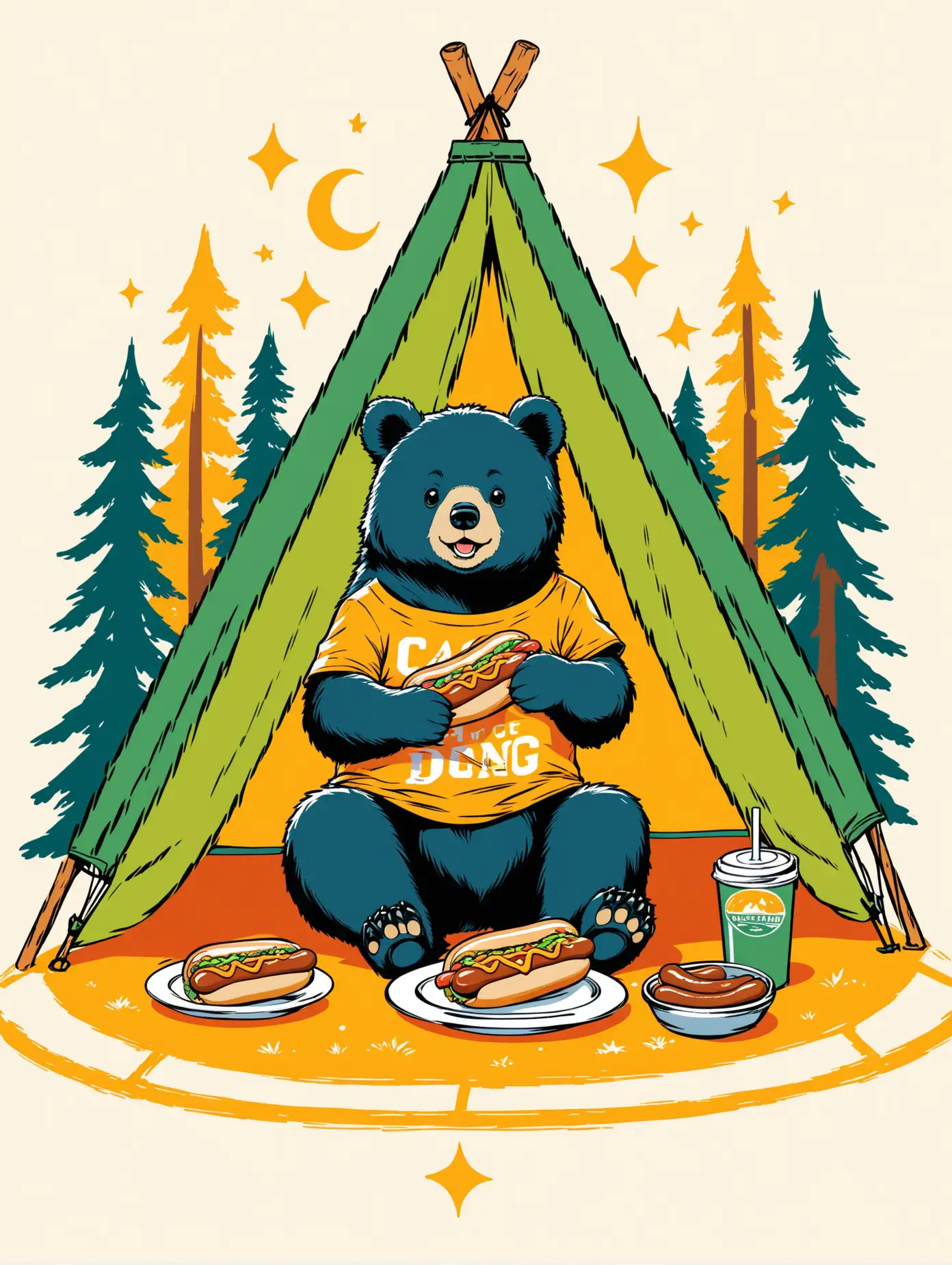 screen print of a black bear sitting inside a camping tent eating a hot dog, in the style of a boy's graphic tee shirt graphic, fun and colorful