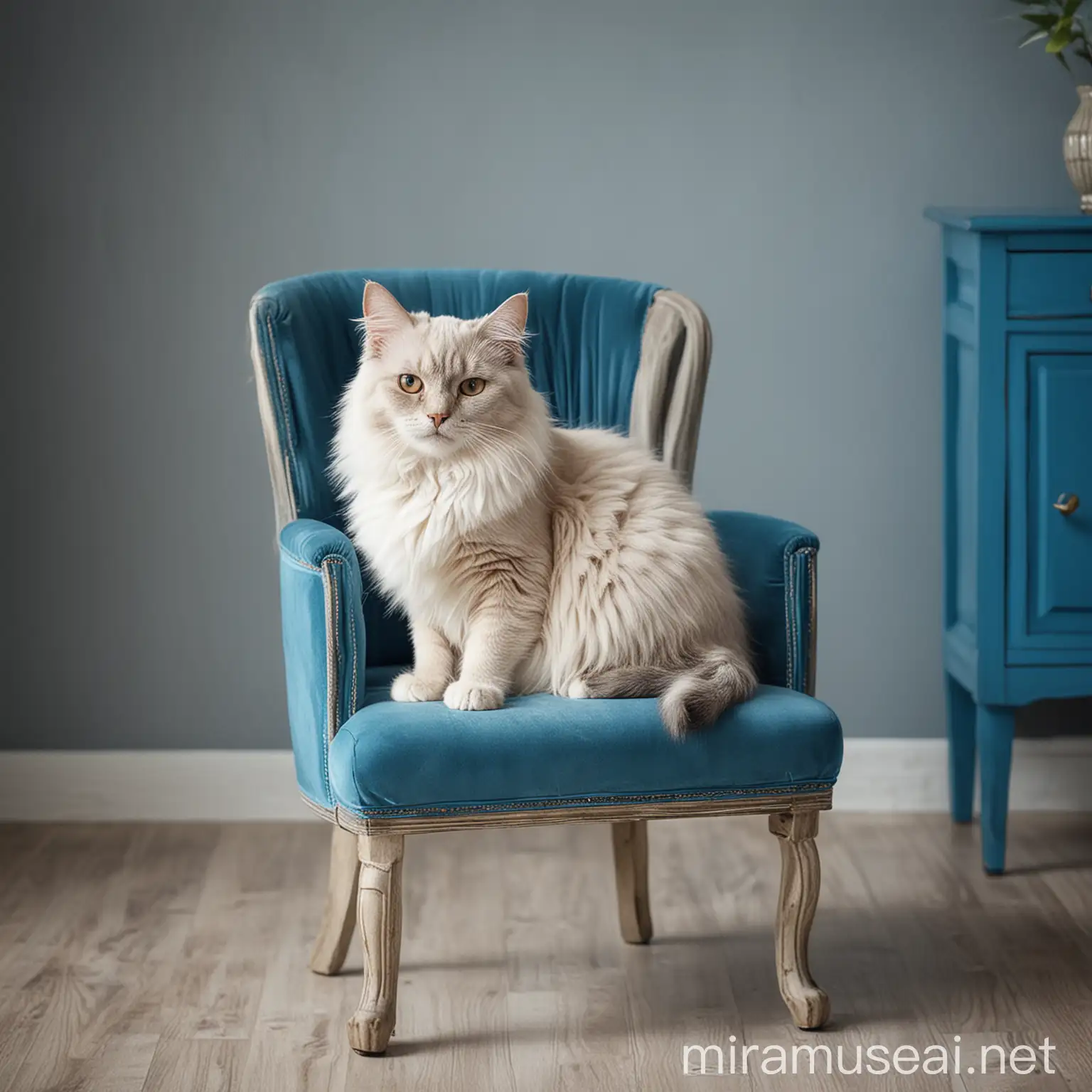 Don Sphynx Cat Sitting on Bright Blue Chair in Room