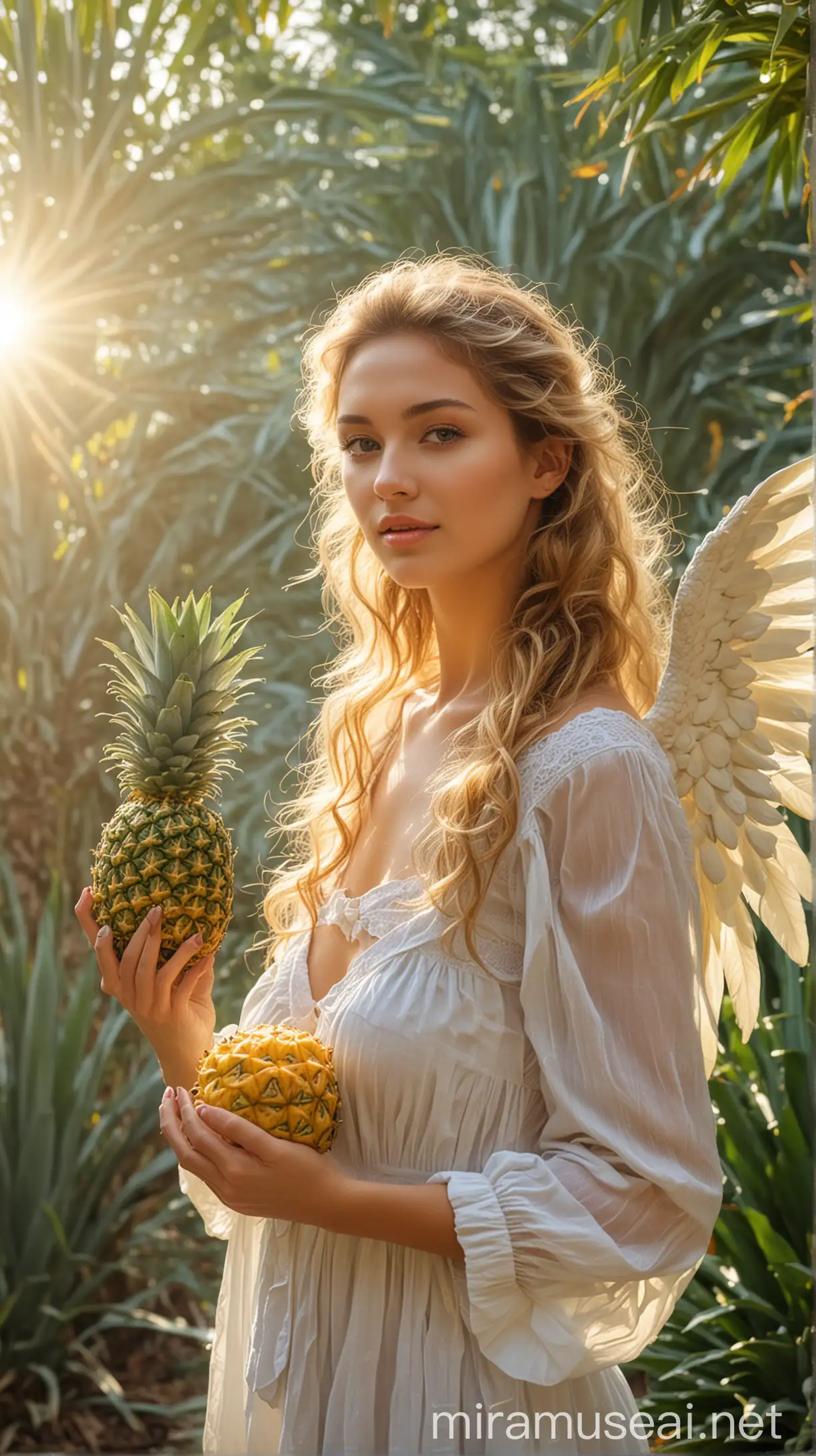 Beautiful Angel women and holding Pineapple on hand, natural background, sun light effect, 4k, HDR, morning time weather
