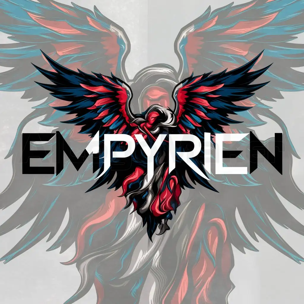 a logo design,with the text "EMPYRIEN", main symbol:Fallen angel, red, blue, black, white color,complex,clear background
