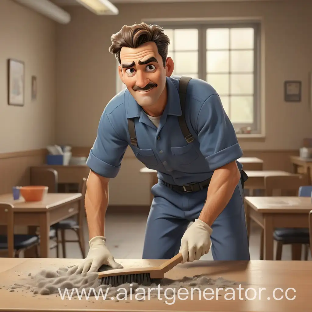 Cartoon-Janitor-Sweeping-Dust-Off-Table-with-Brush