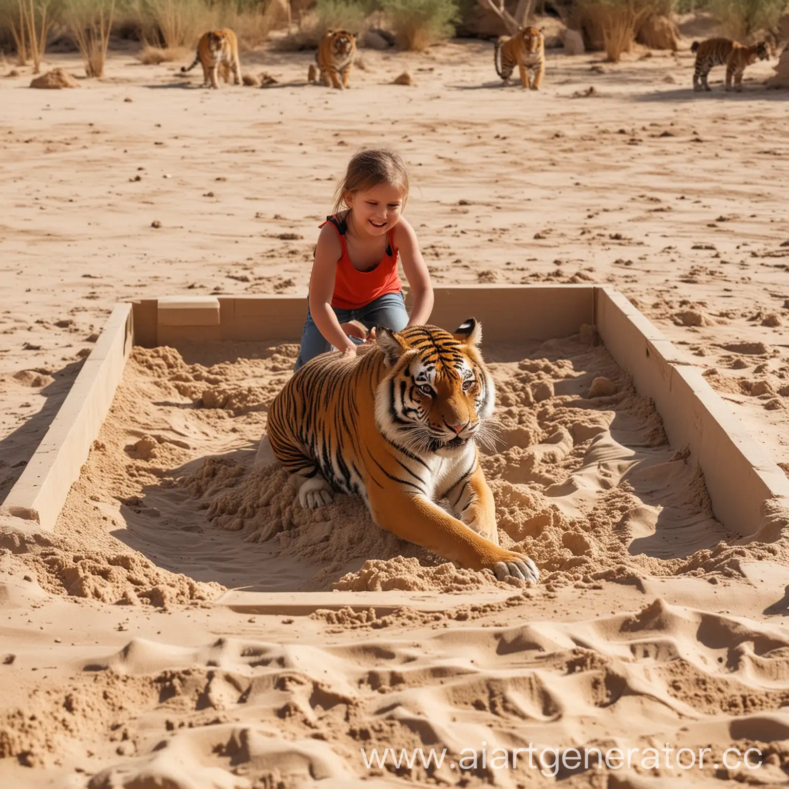 Adventurous-Kids-Playing-with-Tigers-in-Desert-Sandbox