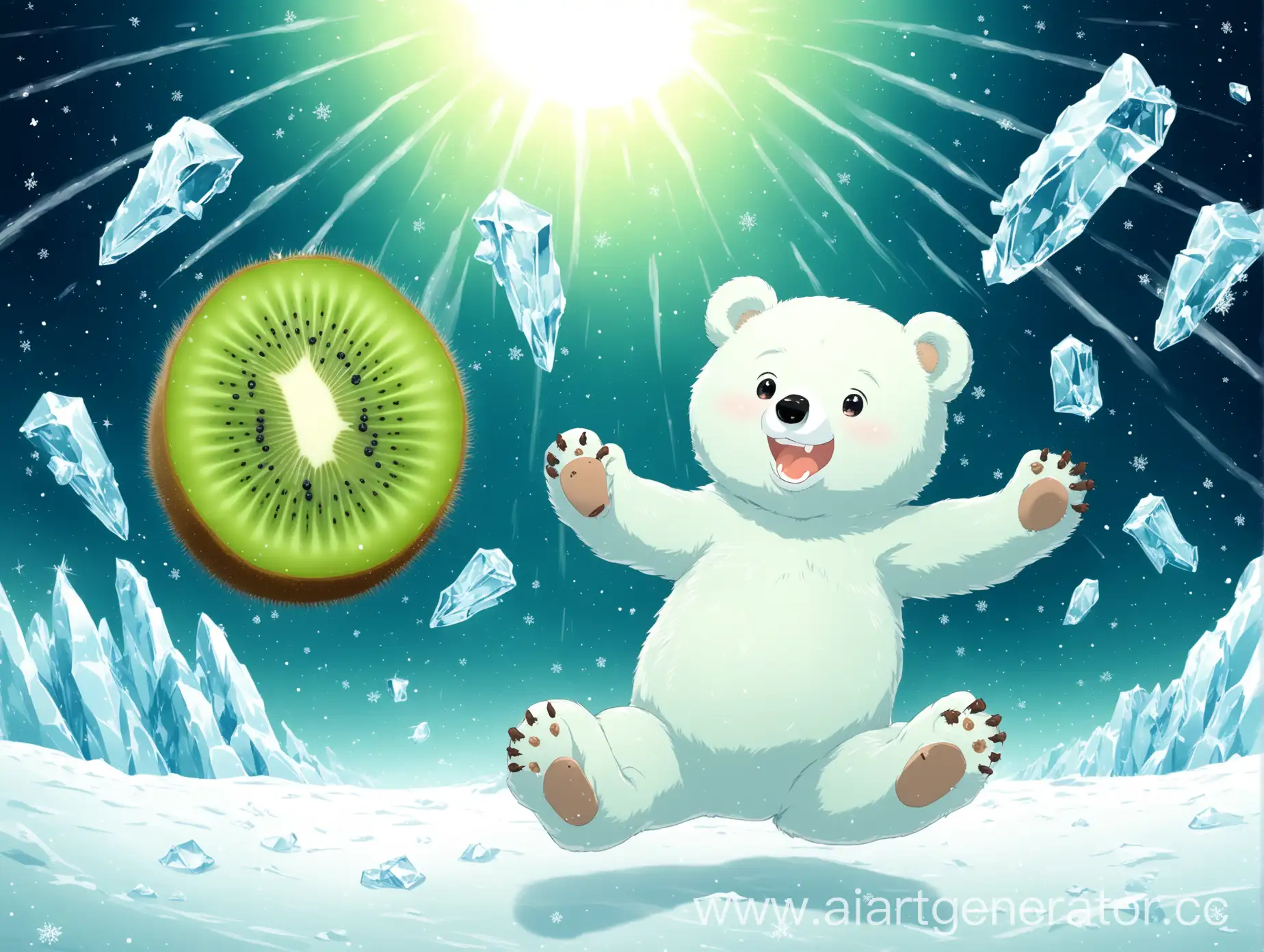 happy white bear catched kiwi and ice atmosphere