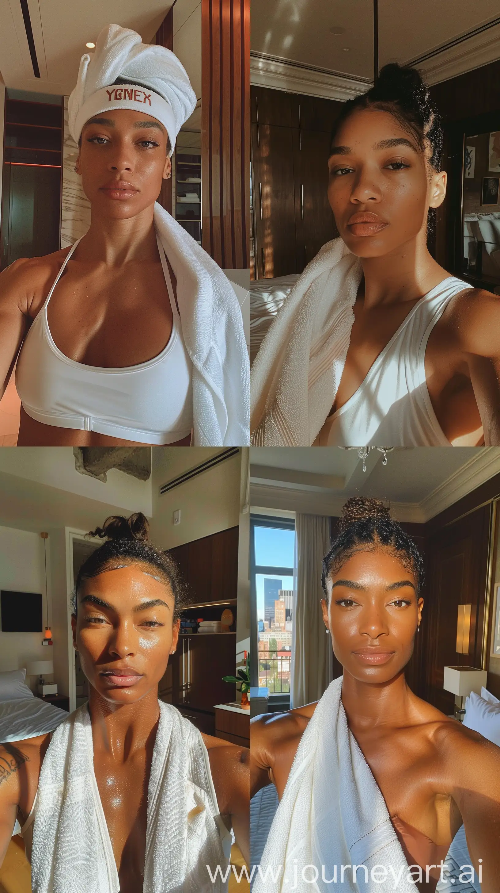 Aesthetic Instagram close up selfie of an toned WNBA player, in fancy New York apartment, towel, tall, warm brown tones --ar 9:16