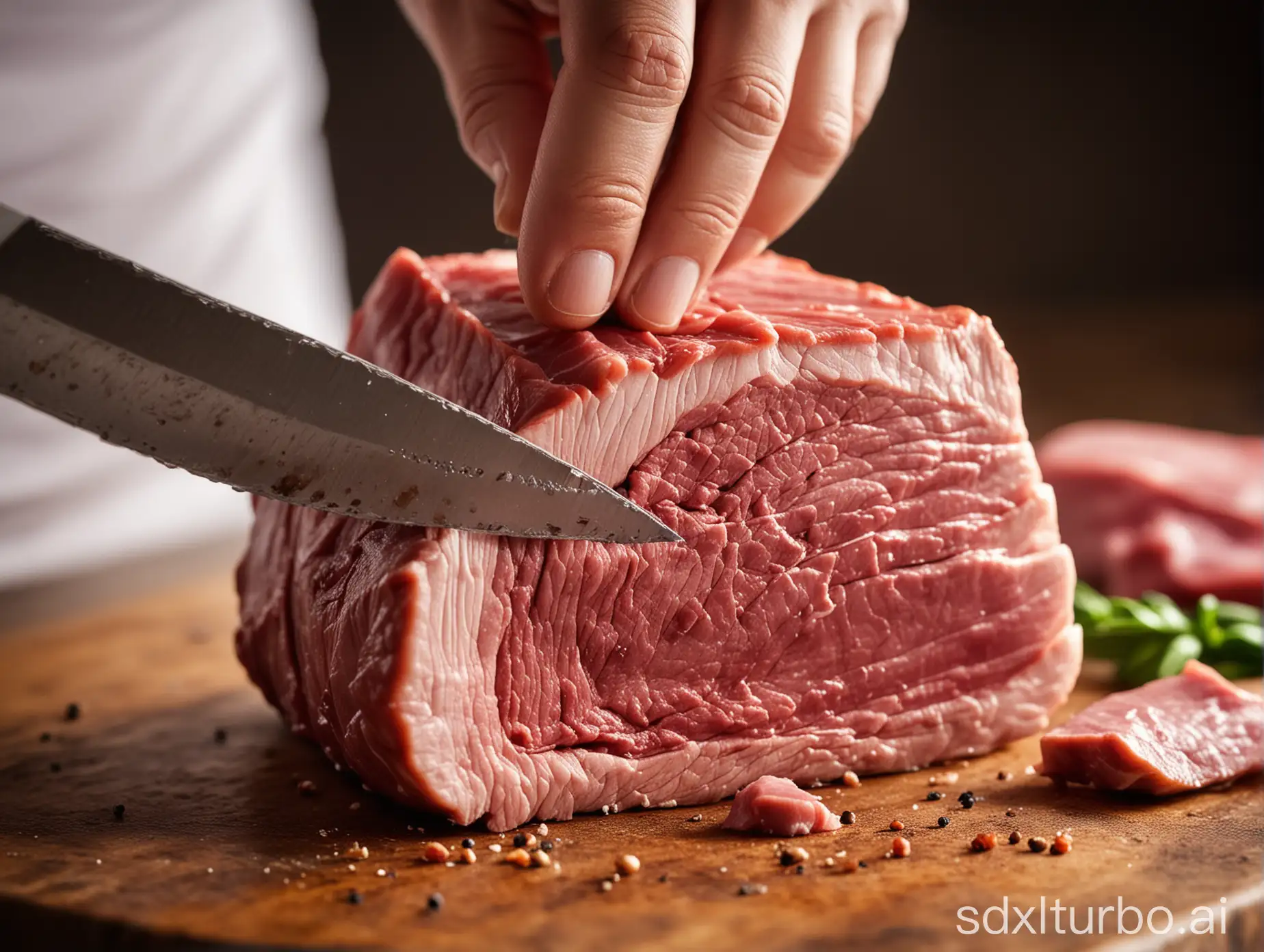A close-up of a chef's knife cutting through a piece of meat. The knife is sharp and the meat is fresh. The background is blurred, so the focus is on the knife and the meat.