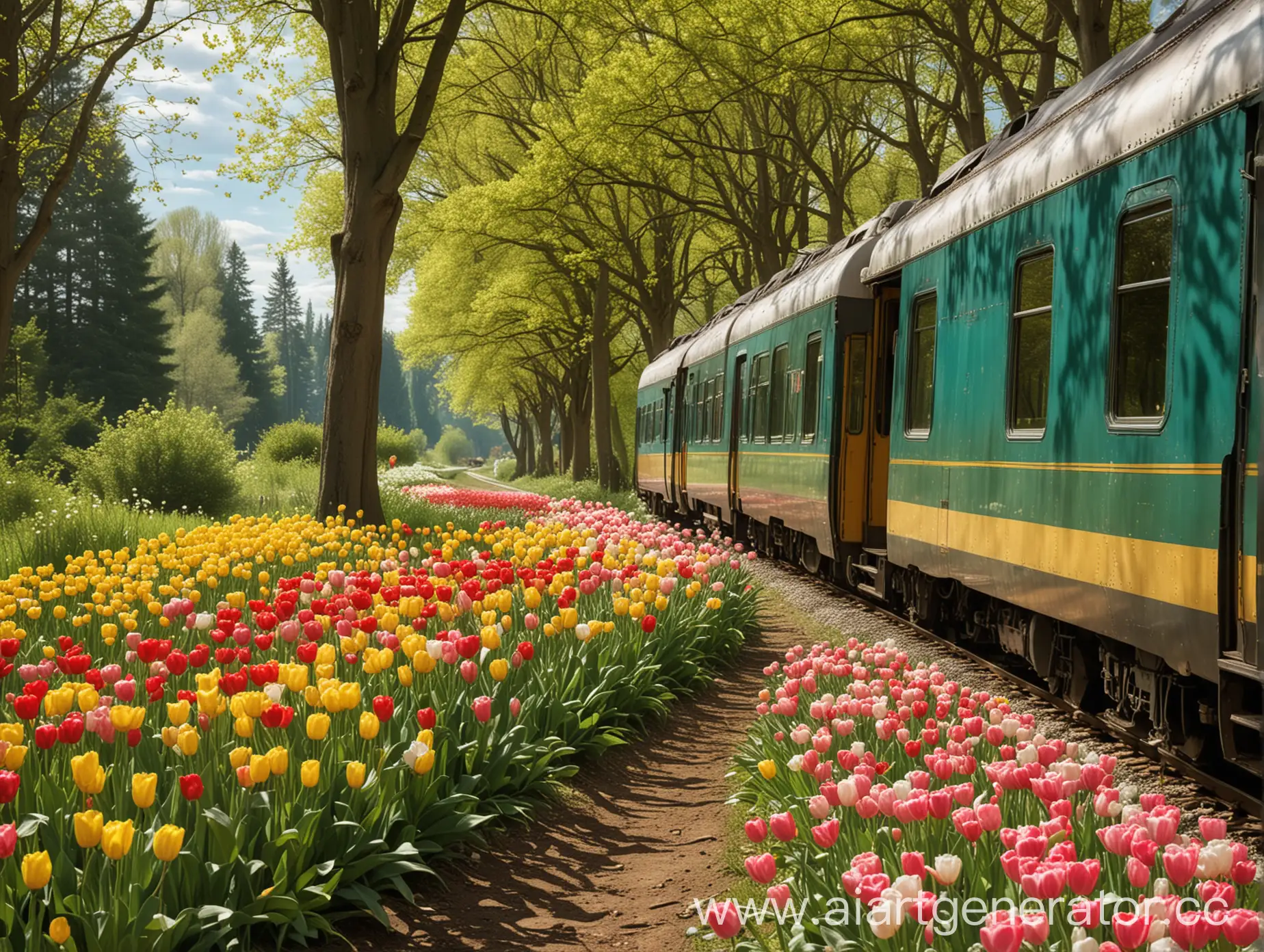 Tranquil-Spring-Scene-with-Blossoming-Trees-and-Passing-Train
