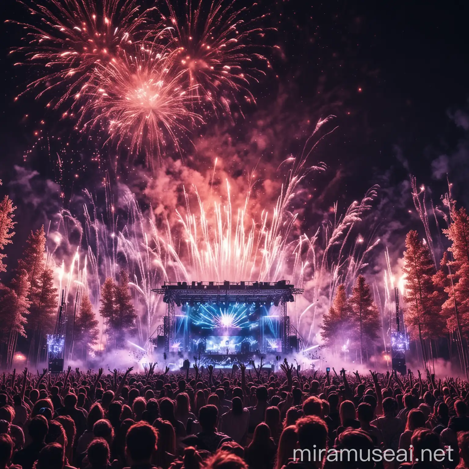 dj main stage music festival in white forest with small birds flying and colored fireworks, 8k, full hd