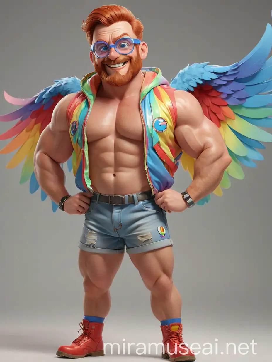 Muscular Redhead Bodybuilder Flexing with Rainbow Wing Jacket