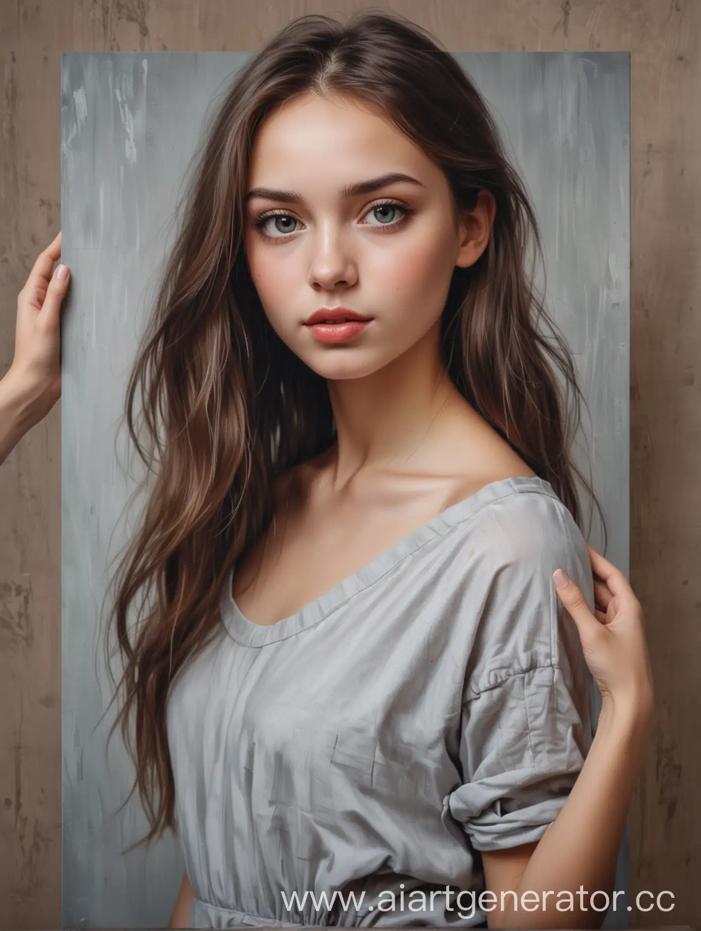 A portrait on canvas measuring 50x70 centimeters is held in the hands of a beautiful slender girl