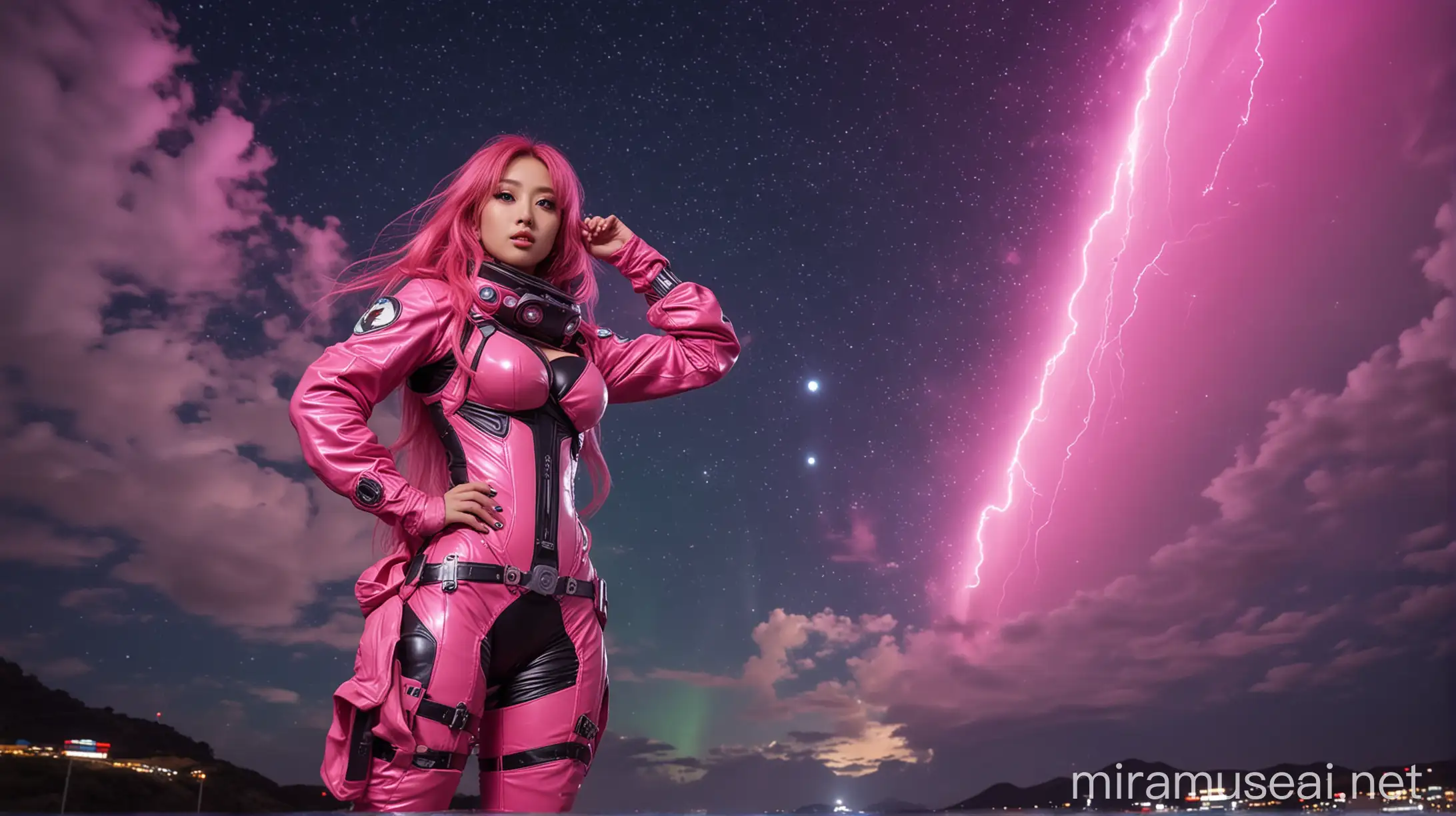 in the left side of the picture japan girl, sexy makeup, big eyes and fat lips, slim, long hair, wild hair, full body, fitness model, big boobs, wide hips, huge tits, tight spacesuit, high armored spacesuit, magenta spacesuit, neon lights of spacesuit, alien rocky planet with green sky, night sky, stars, planets, explosions and lightning in the sky