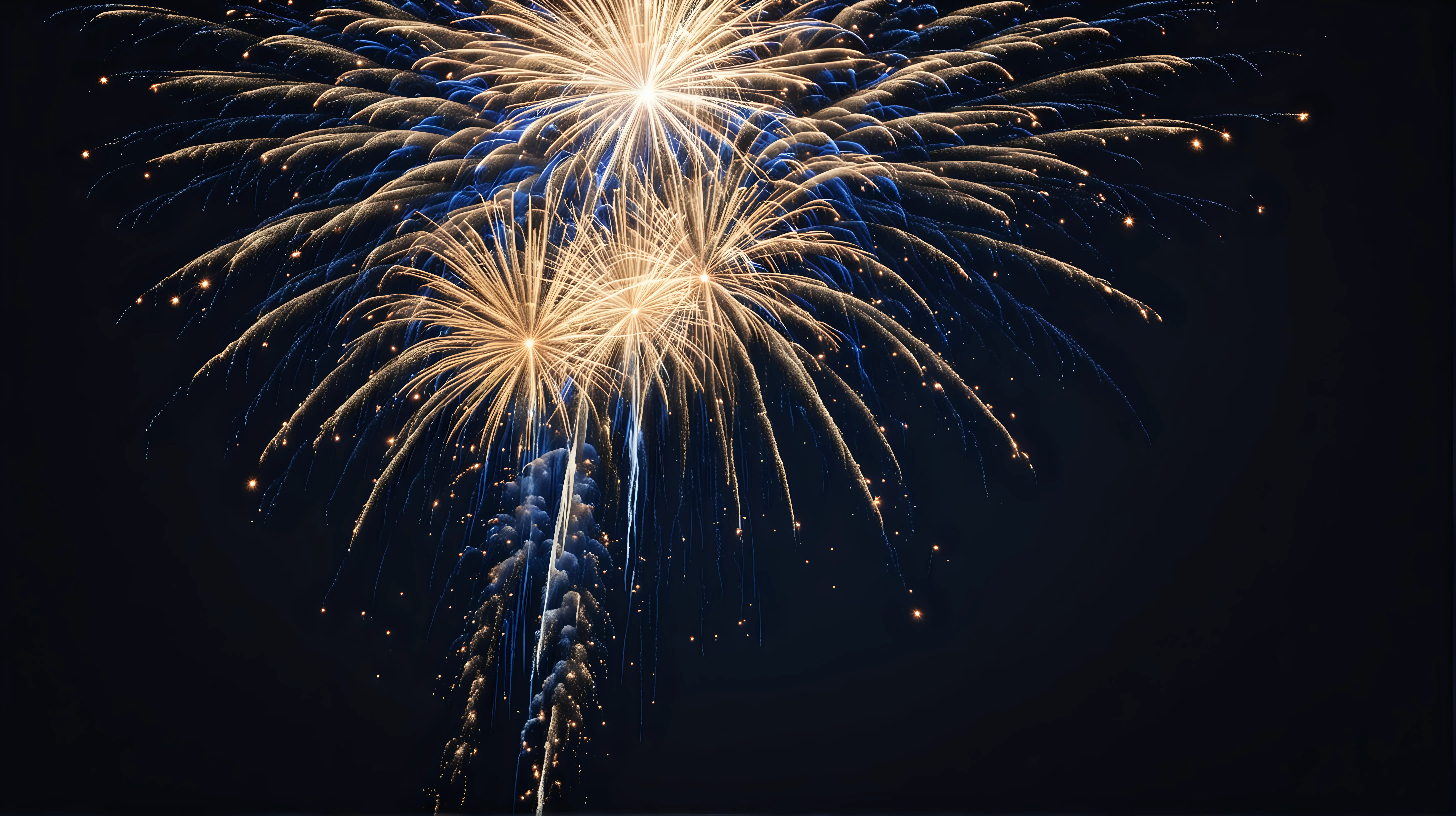 long falling, yellowish white cascading firework falling ALL within photo with very dark blue at the top of the picture and dark blue background throughout the rest of the picture with NO Ground