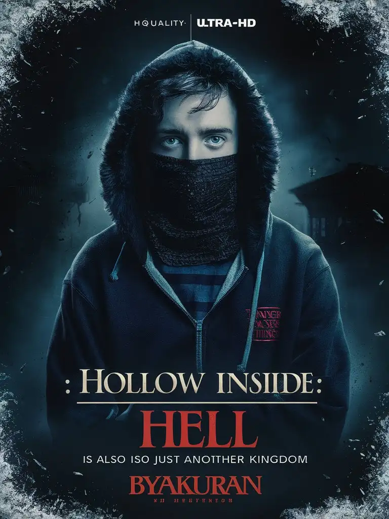 eleven, fur-lined hoodie, stranger things, full body, ultra HD detailed, professional photography, snood-mouth-covering-shawl, horror. 
the following describes the caption with ash flaking around it
large letters:"Hollow Inside:"
next line large letters:"Hell"
next line Slightly smaller: "is also just another"
next line large letters:"Kingdom" 
below smaller: "By Byakuran"