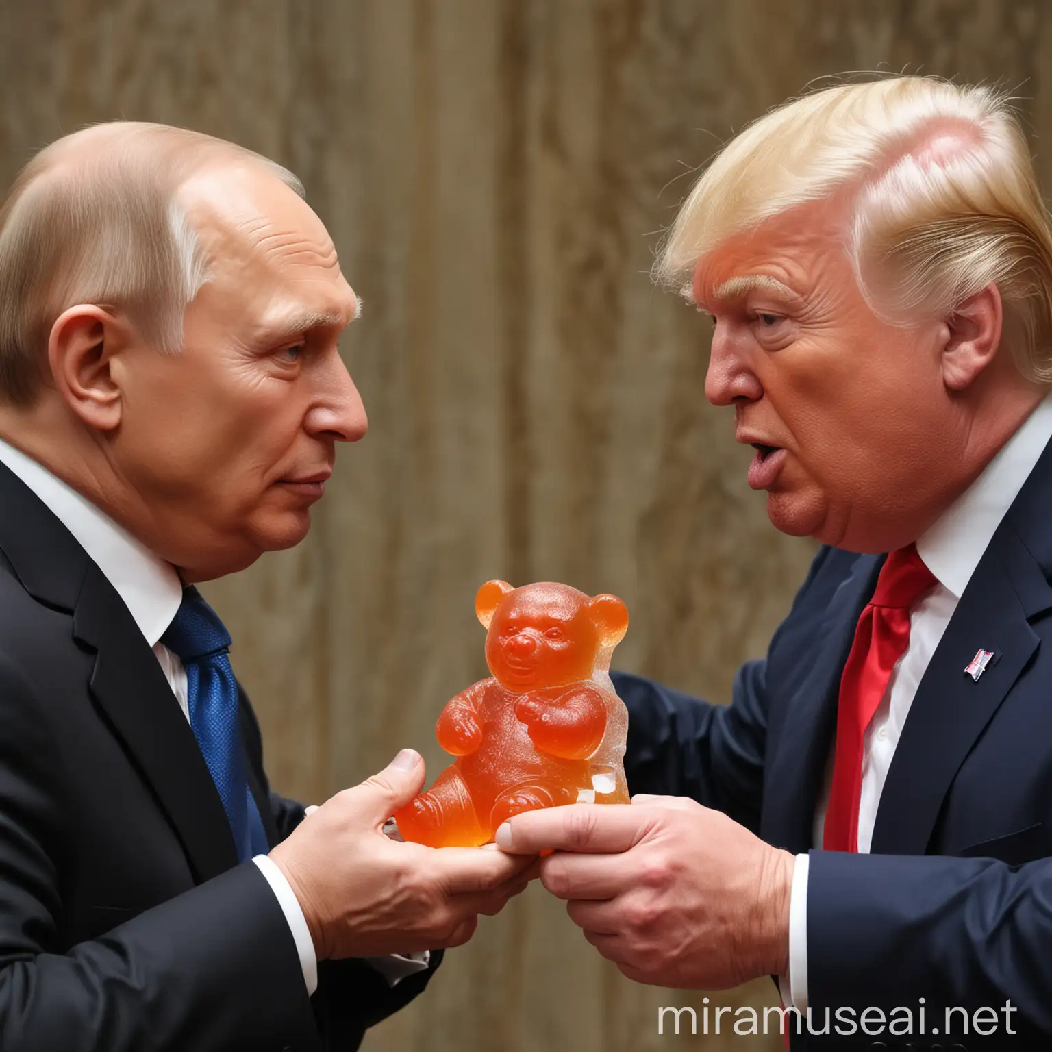 Vladimir Putin and Donald Trump, they are eating big gummy bears