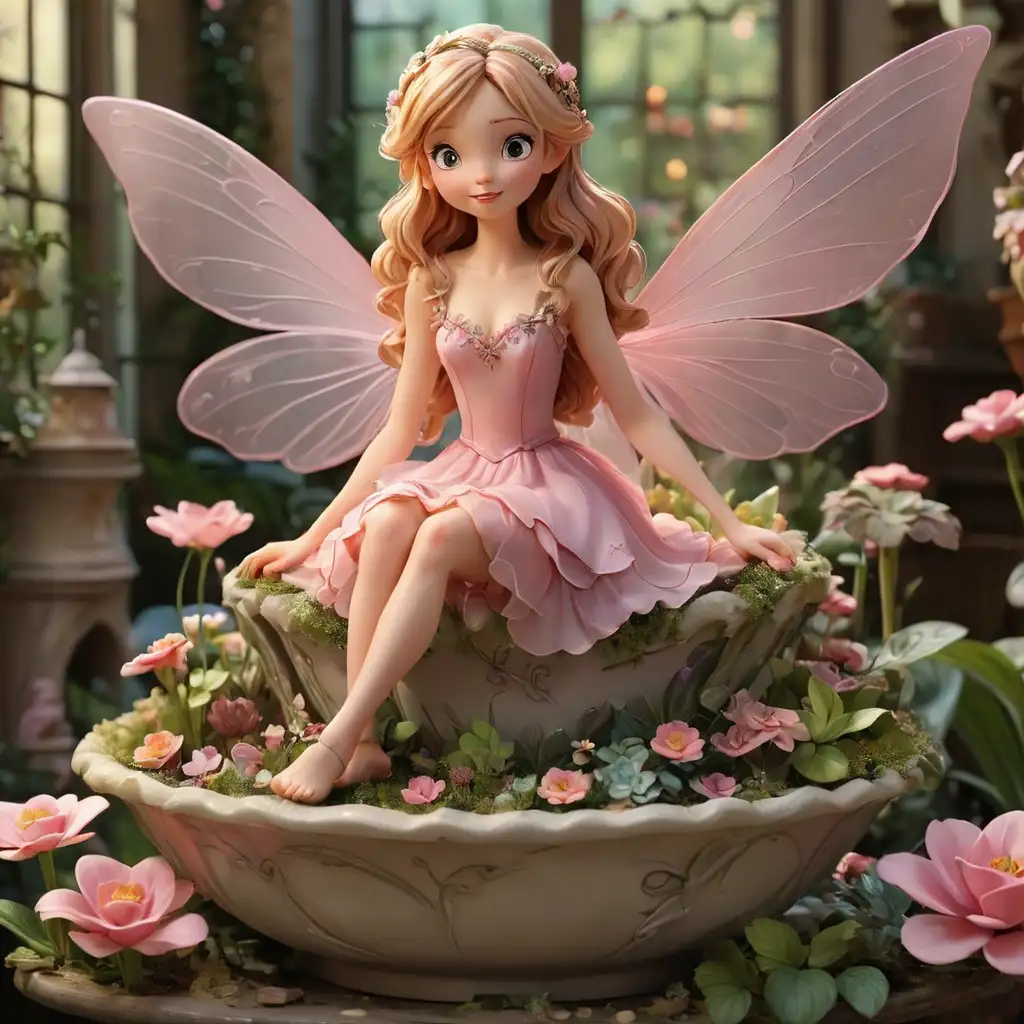 A beautiful fairy, 3D, Disney Style, large fairy wings, whimsical, with a fairy pink dress, with an indoor fairy garden in a bowl