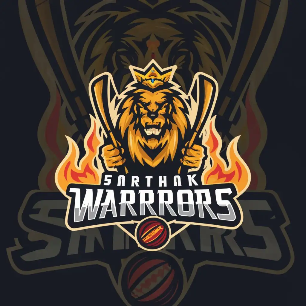 a logo design,with the text "SARTHAK WARRIORS", main symbol:Cricket team logo, burning lion ,crown , cricket bat and ball,Moderate,clear background