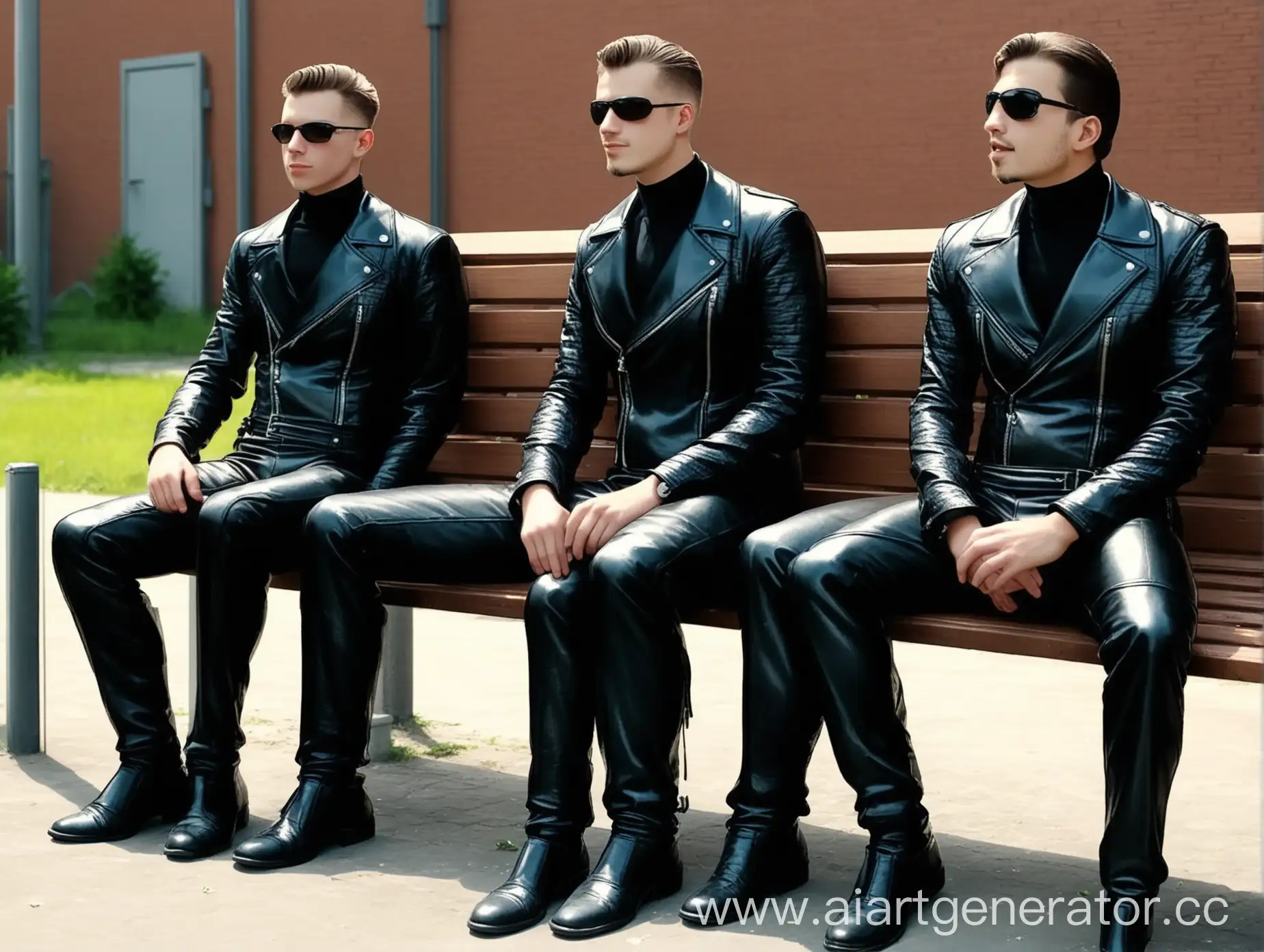 Three guys in leather suits are sitting on a bench near the yard.