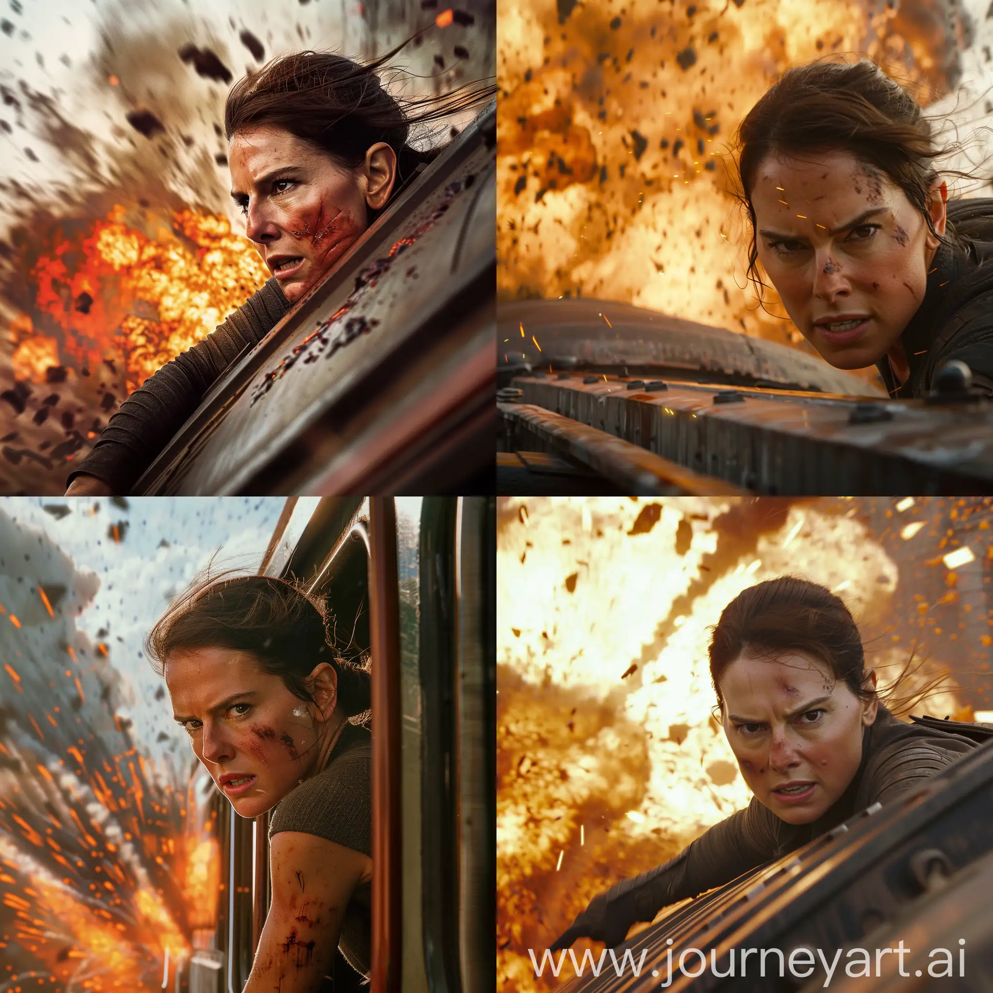 Daisy Ridley With Rey Skywalker's face in New Movie of mission Impossible With Tom Cruise in a dangerous scene in on top of The train, great Explosion background in train, 8k 