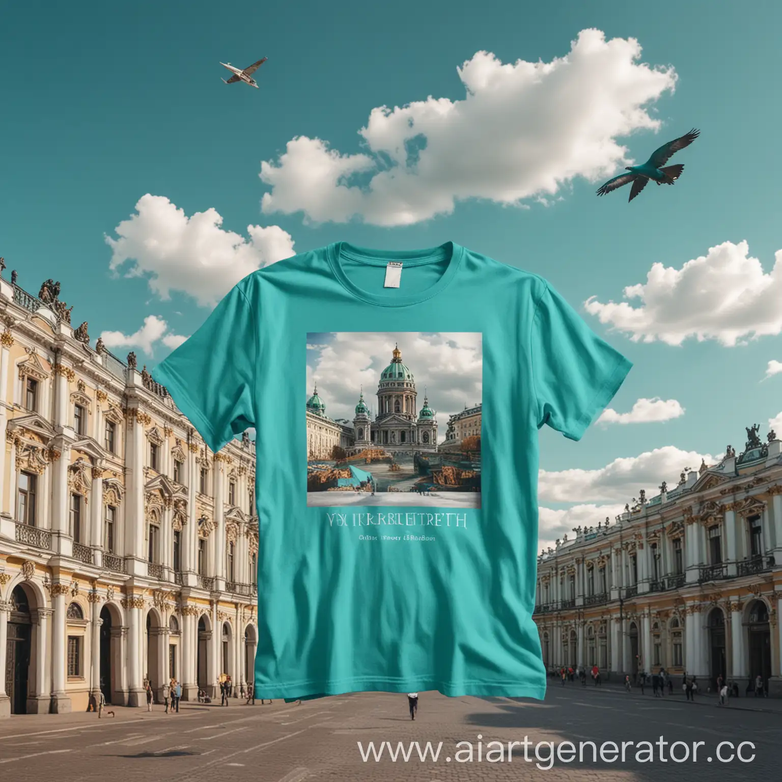 Create a huge turquoise t-shirt, which depicts the brand Vmerche from St. Petersburg, the t-shirt is lying on the Hermitage, and the same only small t-shirts are flying in the sky