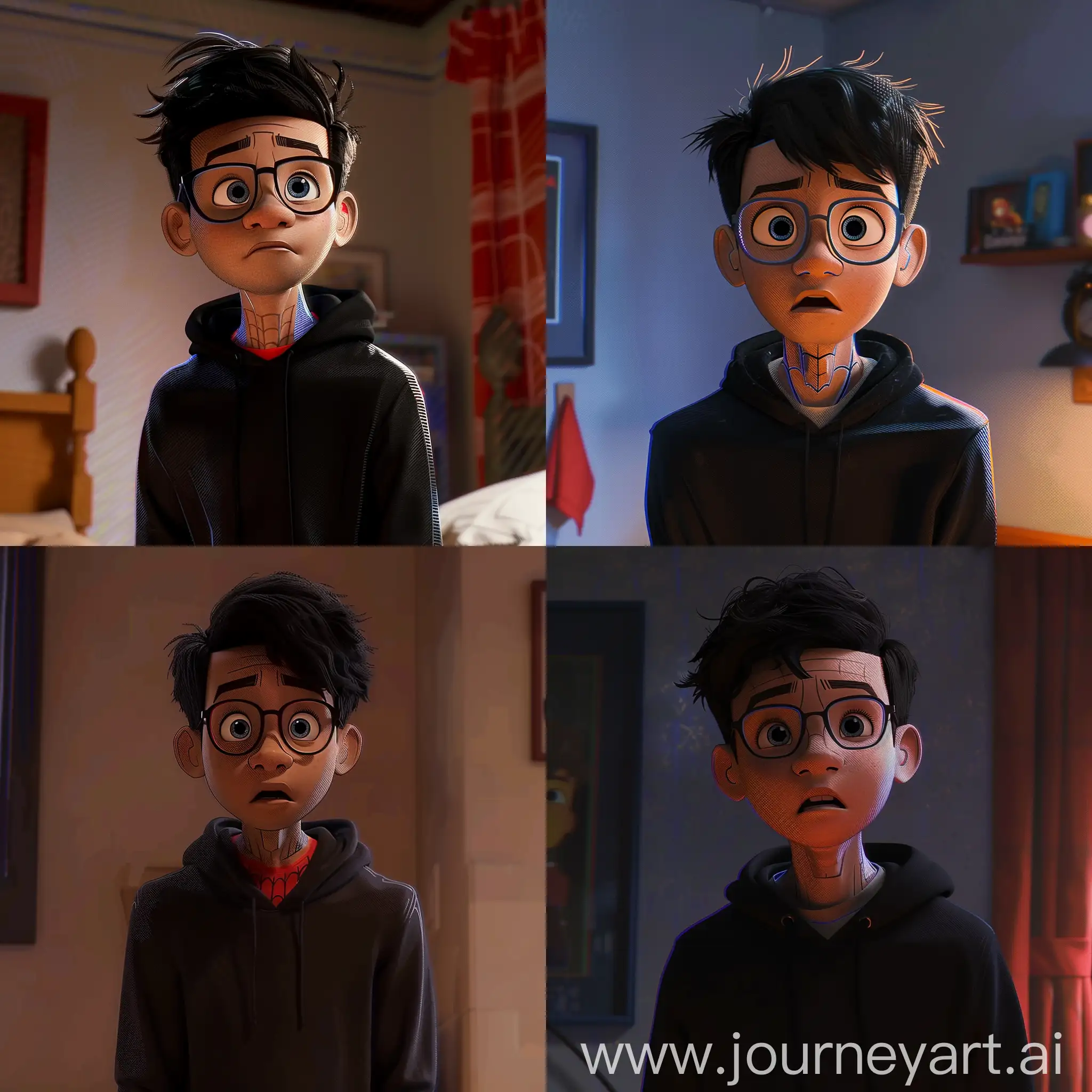 Scene from Spider-Man: Into the Spider-Verse , a boy with short dark black hair, a little fat, big nose, he wears a black sweatshirt and glasses