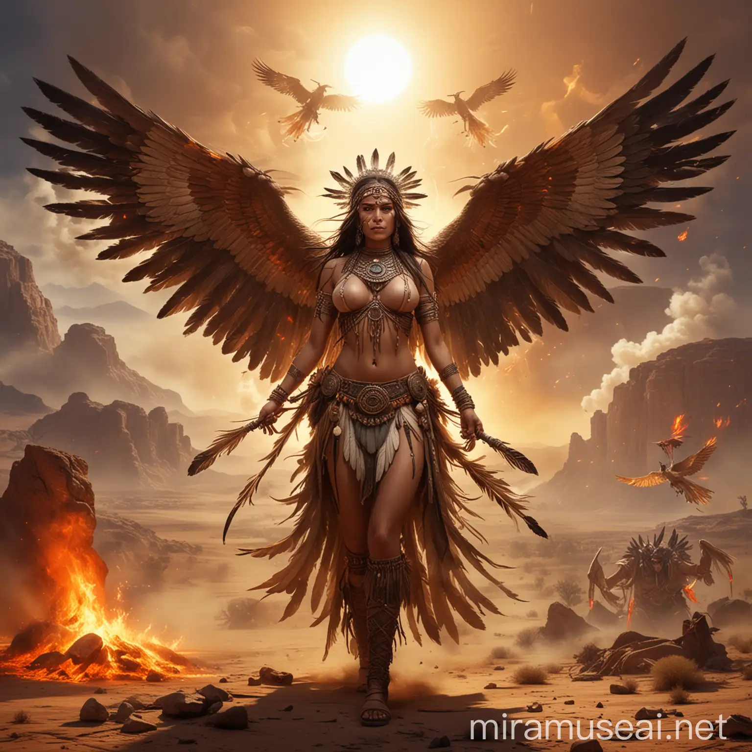 Goddesses Empresses with Giant Wings Commanding Fire Circles in the Desert