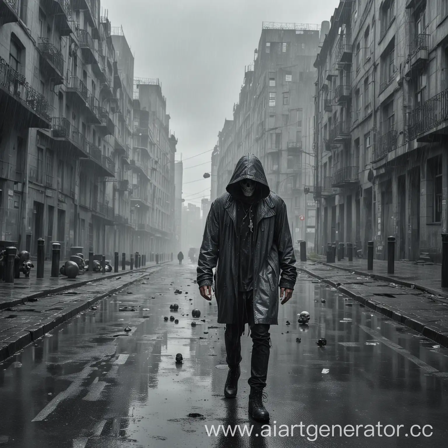 Hooded-Figure-Walking-in-Rain-Amidst-Urban-Decay