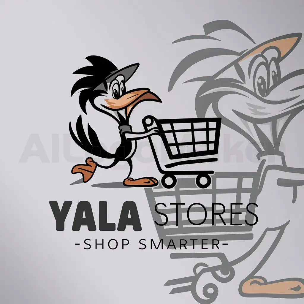 a logo design,with the text 'YALA STORES', main symbol:roadrunner cartoon pushing a shopping cart,complex,be used in Retail industry,clear background,withtheslogan shopsmarter