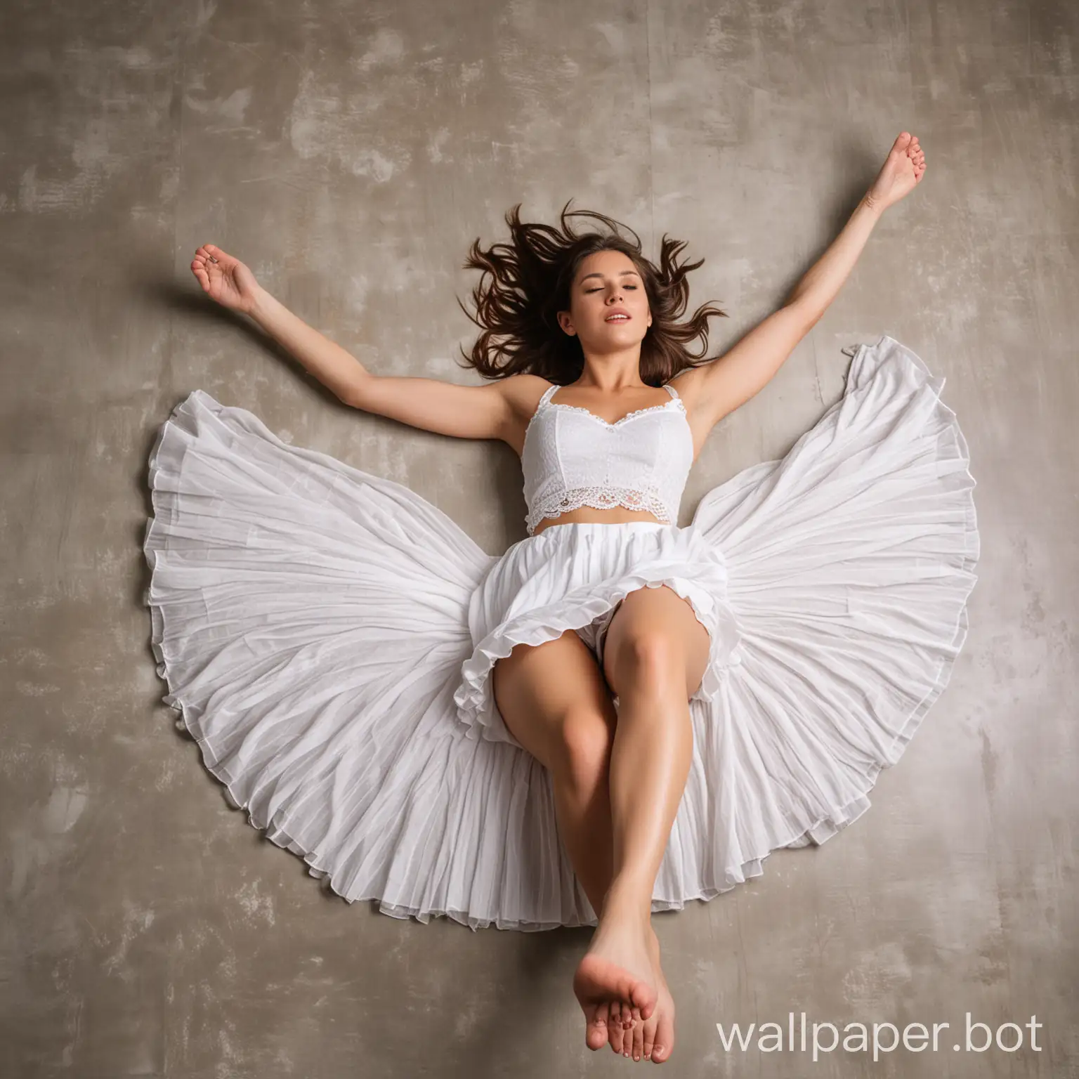 Girl laying on her back clasping her bare feet that's flat on the floor and knees up in the air wearing a white skirt in a photo shoot