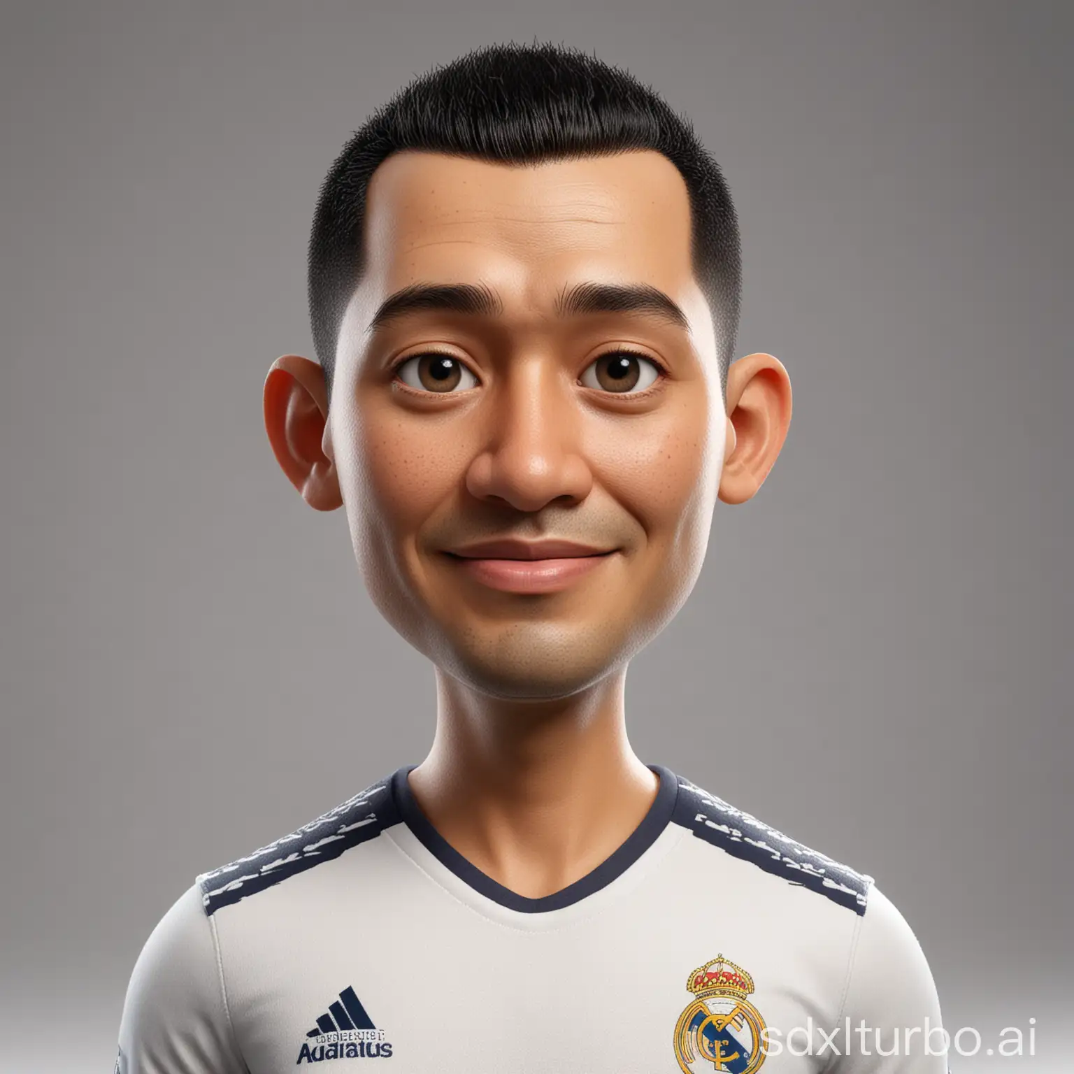 Create a full 3D cartoon style body with a big head. A 40 year old Indonesian man. Height, ideal body, oval face shape. beautiful, slightly round eyes, clean white skin, thin sweet smile. buzcut black hair. Wearing a real madrid shirt. Body position is clearly visible. The background is solid white. Use soft photography lighting, hair lighting, top lighting, side lighting. Highest quality photos, Uhd,16k