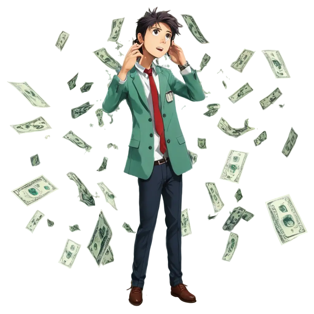 аниме персонаж гуль, падающие деньги вокруг