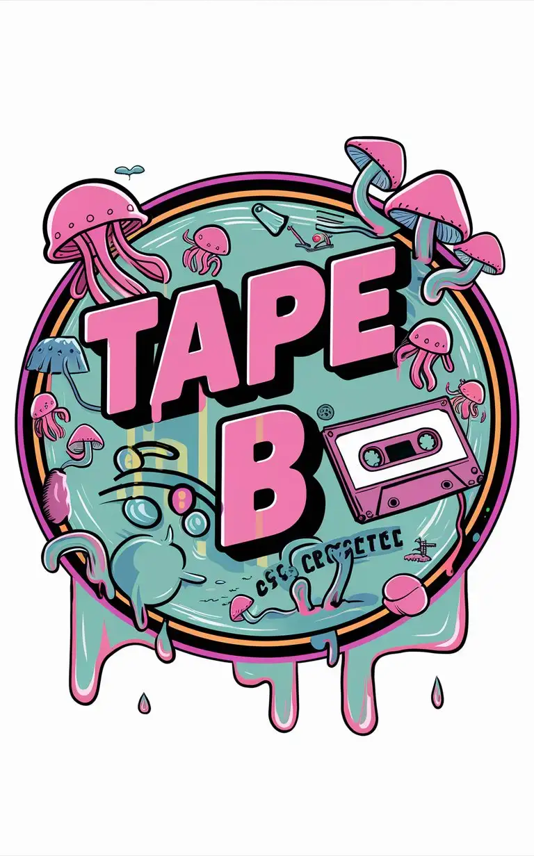 the words "Tape B" with jellyfish, mushrooms a cassette tape. surrounded by a circle. cartoonish with neon colors dripping slime

