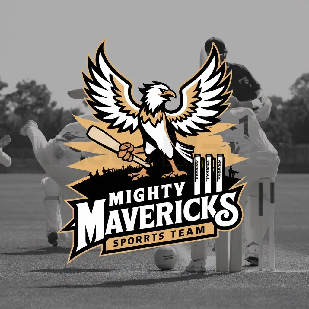 a logo design,with the text "Mighty Mavericks", main symbol:Mighty Mavericks, featuring a majestic maverick in a triumphant pose, symbolizing strength and leadership, with wings spread wide just 1 bird. The maverick should be holding a cricket bat in one talon to represent the team's prowess in the sport. Behind the maverick, include a silhouette of a cricket field with players in action, showcasing the team's dedication. The team name, 'Mighty Mavericks,' should be written boldly in a dynamic font below the illustration. Add cricket stumps at the background,Moderate,clear background