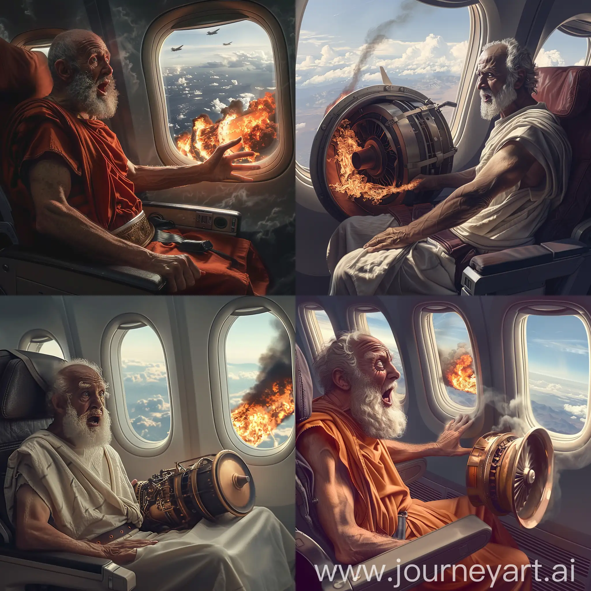 An ancient Greek philosopher is shocked, he is flying on an airplane, sitting in a seat, looking out the window, and there the engine of the plane is burning