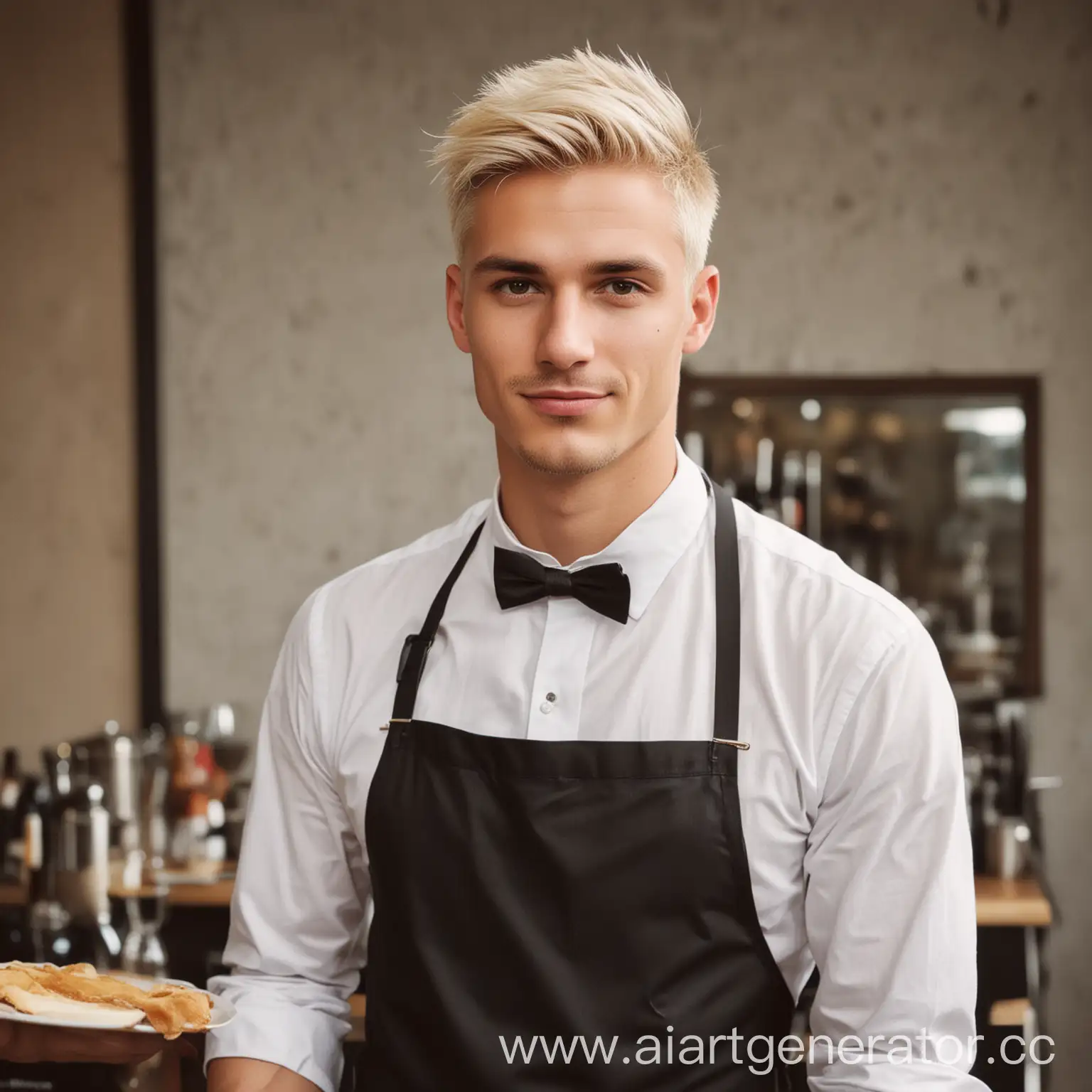 Waiter-with-Bleached-Blonde-Hair-Serving-in-Restaurant