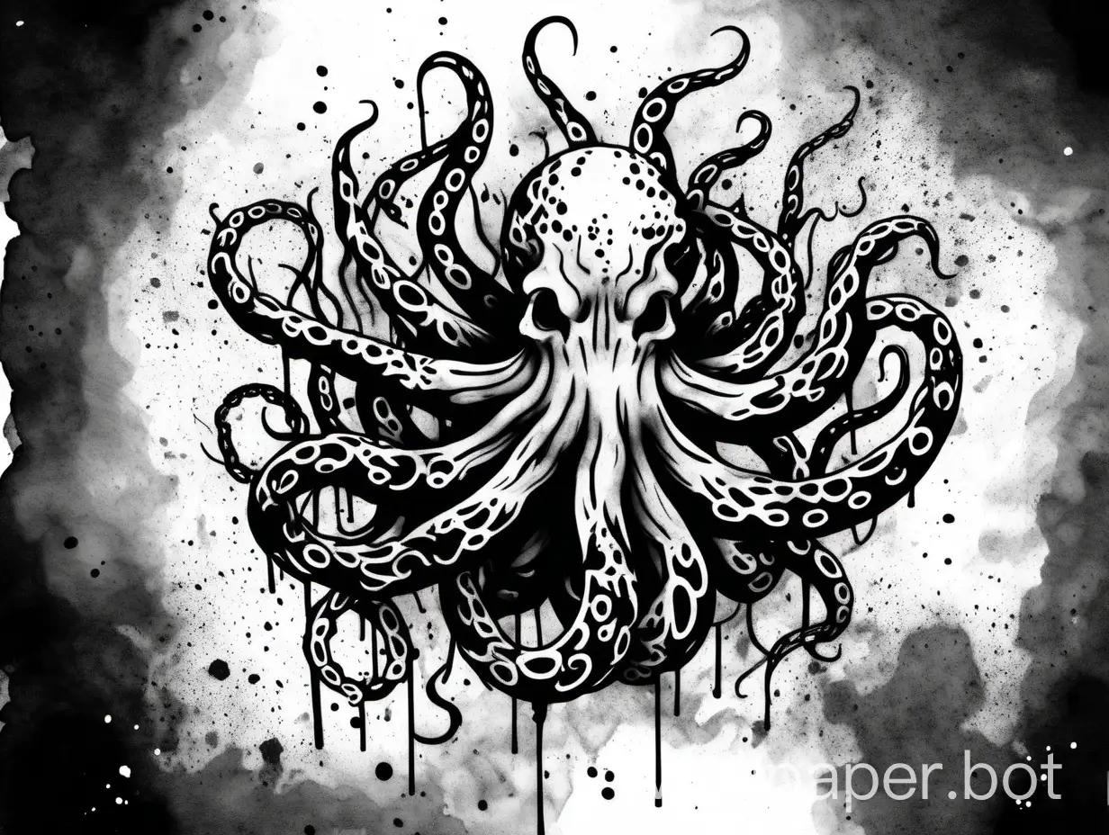 tattoo illustration, black tentacles in fire, monochromatic, black white, splatter effect, painting splatter, wonderful art