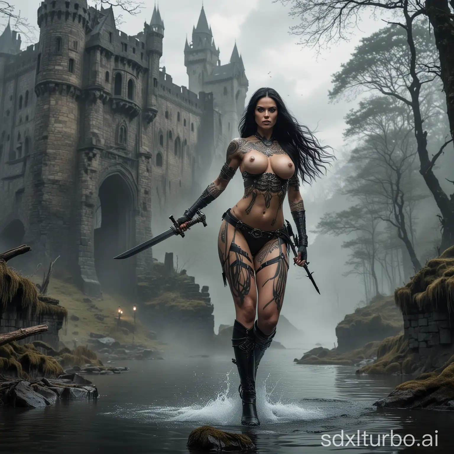 naked tall and muscular tattooed cyborg warrior with large breasts long black hair and a raised longsword above her head in her right hand jumps out of a dark icy lake surrounded by a dark misty ancient forest and a castle ruin in the background