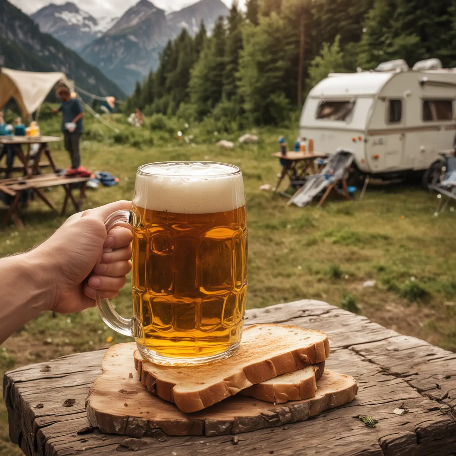 Toost met enorm glas bier. Camping op de achtergrond