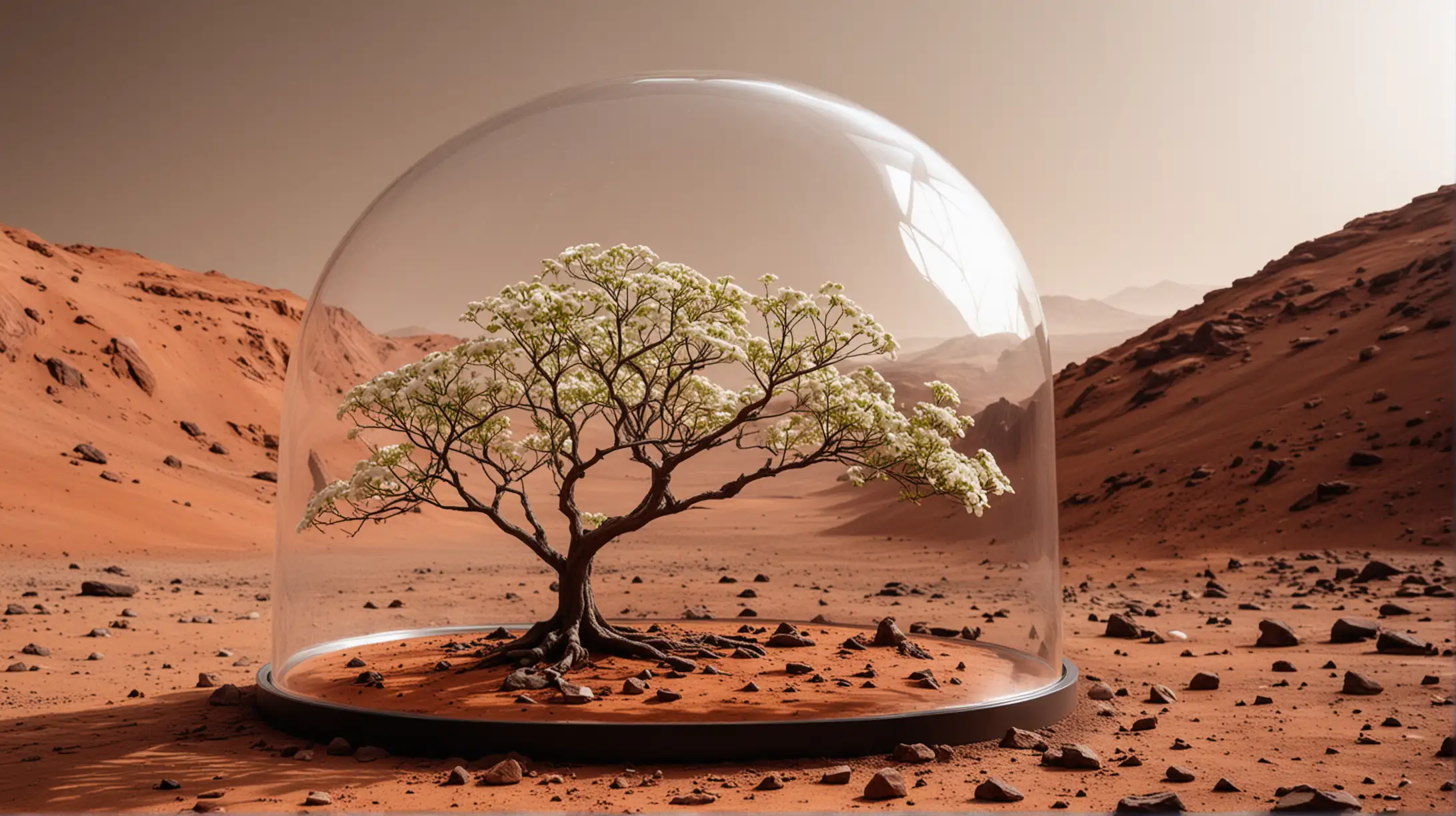Japanese dogwood tree on Mars surface under glass dome