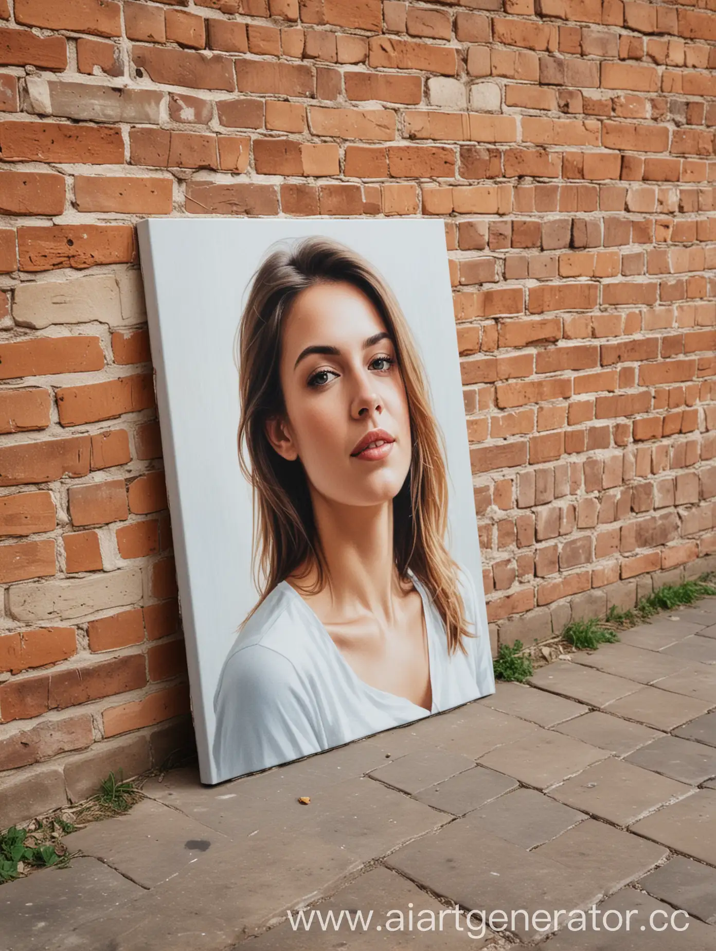 A portrait on canvas 50x70cm stands on the floor leaning against a brick wall in the park.