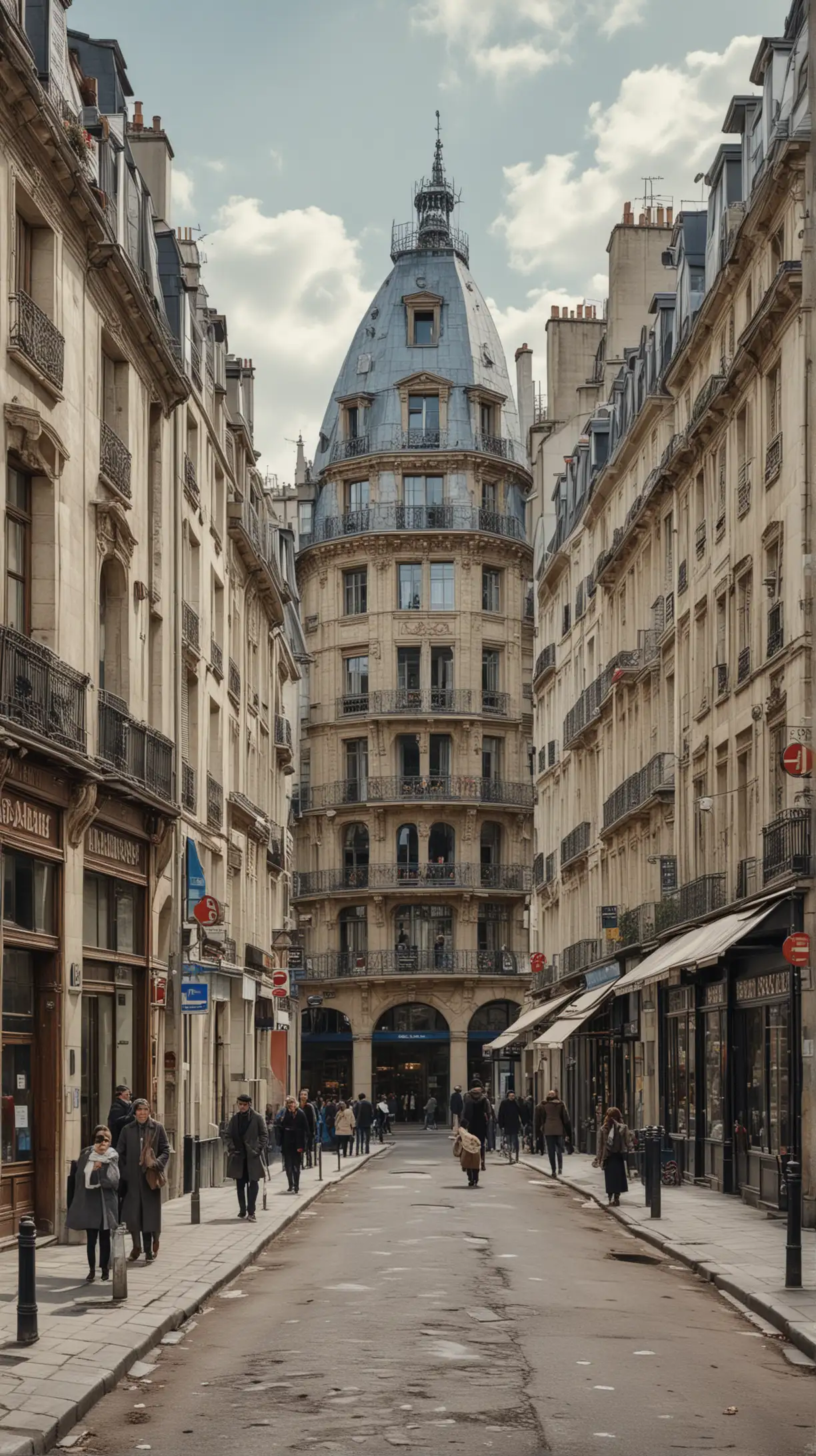 Obraz zobrazuje ulicu v Paríži počas konca 19. storočia. V centre pozornosti je veža, ktorá je zakrytá lešením, čo naznačuje, že je v rekonštrukcii. Veža je dominantným prvkom v pozadí, vyniká svojou výškou a obklopením budovami.

V popredí sú ulice lemované obchodmi a bytovými domami. Na ľavej strane obrazu je vysoká budova s arkierovým oknom a s mansardovou strechou, typickou pre parížsku architektúru. Vedľa nej, v centre obrazu, je otvorený priestor s niekoľkými ľuďmi, ktorí prechádzajú ulicou. Niektorí ľudia sú oblečení v dlhých kabátoch a klobúkoch, čo je charakteristické pre obdobie konca 19. storočia. 

Na pravej strane obrazu je modrá budova s nápisom "Le Petit Journal", čo je názov novín. Pod týmto nápisom je veľký inzerát, ktorý uvádza počet výtlačkov predaných novín. Vedľa tejto budovy sú ďalšie obchodíky a kaviarne s výkladmi.

Ulica je pokrytá svetlým dlažbovým povrchom a je lemovaná stromami, ktoré sú ešte bez listov, čo naznačuje, že je buď neskorá jeseň alebo skorá jar. Obloha je modrá s niekoľkými bielymi oblakmi, čo dodáva obrazu jasnú a živú atmosféru.

Celkovo obraz zachytáva rušnú mestskú scénu v historickom Paríži s dôrazom na architektúru, mestský život a prebiehajúcu rekonštrukciu ikonickej veže.