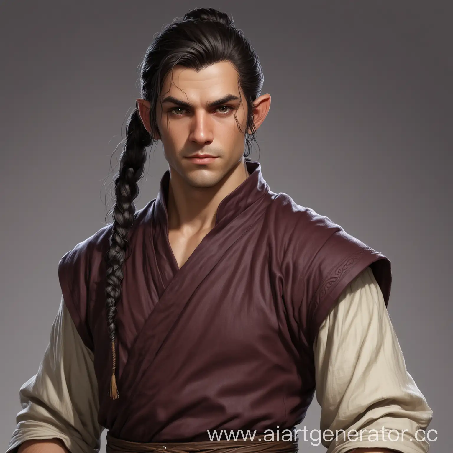 DnD, Monk, Half-elf, Dark Hair, Man, Pigtail