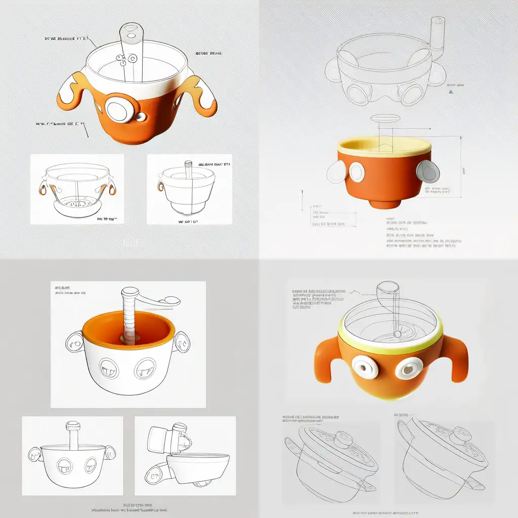 Product design, children's water drive bowl design, small and cute portable, design sketch scheme, hand-drawn sketch, line draft, drawing reference, product design sketch, white background, front view, side view, rear view, drawings from different angles, each scheme should present the modeling source and intention, detailed drawing, explosion diagram, use scene diagram, human-computer interaction diagram, without color
The shape of the crab is extracted, not too concrete, you can abstract a little, design children's water insulation bowl, small and cute, product design hand-drawn sketches, big crab claws are round and cute, made up and down can be split, the tableware is hidden in the crab claws, while the crab claws on both sides as a handle for the baby to grasp, other crab feet do not want, crab body as a bowl body, lovely and round, easy to carry