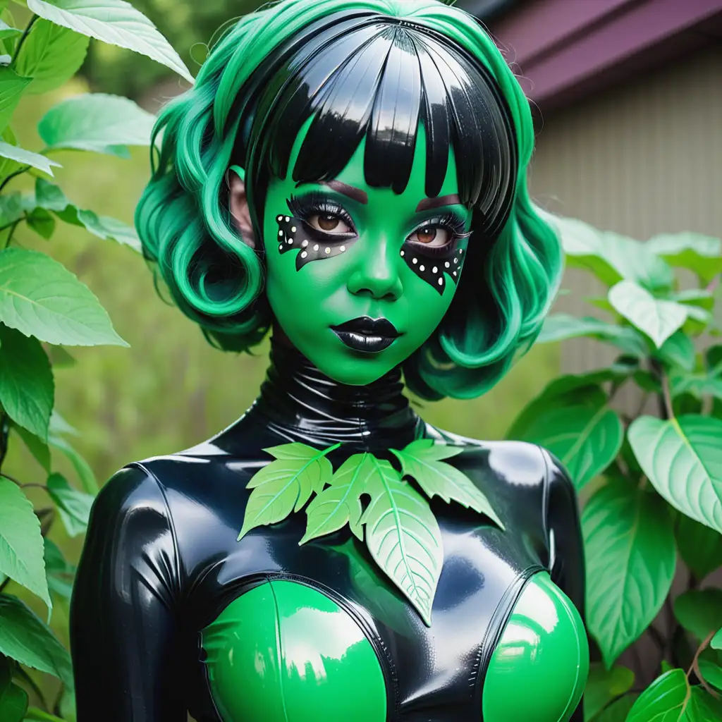 Латексная девушка с черной латексной кожей в зеленом резиновом парике с зелеными листочками на лице