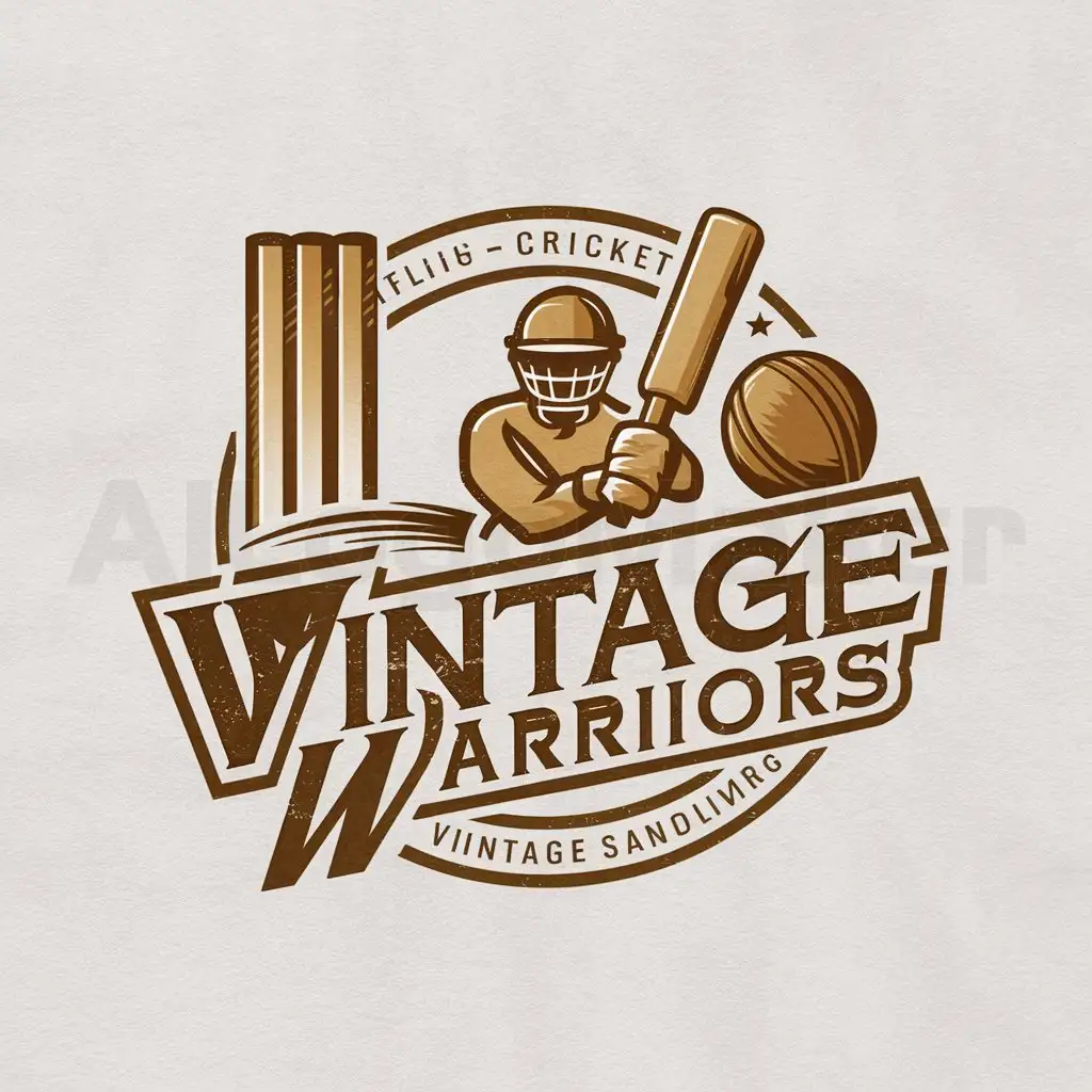 a logo design,with the text "Vintage Warriors", main symbol:Cricket bat,ball, wicket, stump, cricketer,Moderate,be used in Others industry,clear background