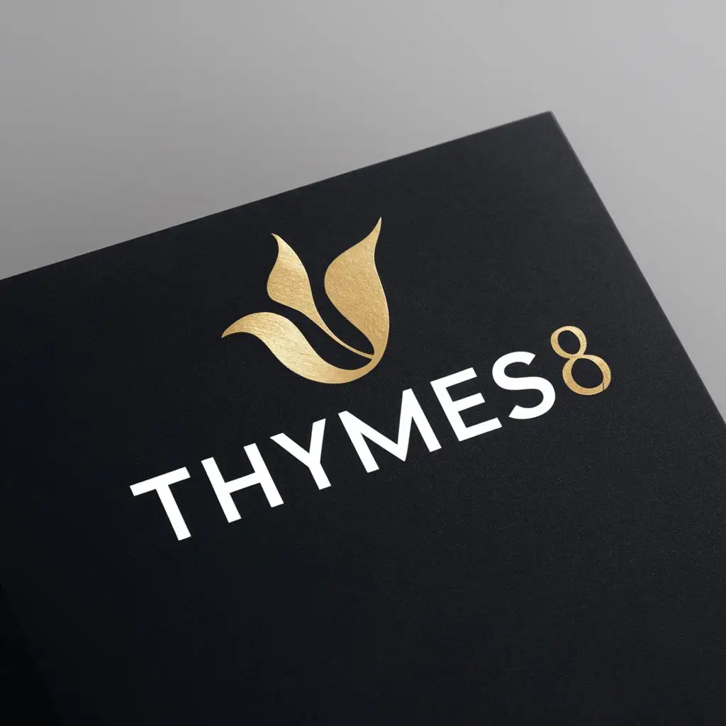 a logo design,with the text "THYMES8", main symbol:this logo modern clean minimalist wordmark. should include a word with a leaf or shape. preferred color is gold. must be a black paper mockup,Moderate,clear background
