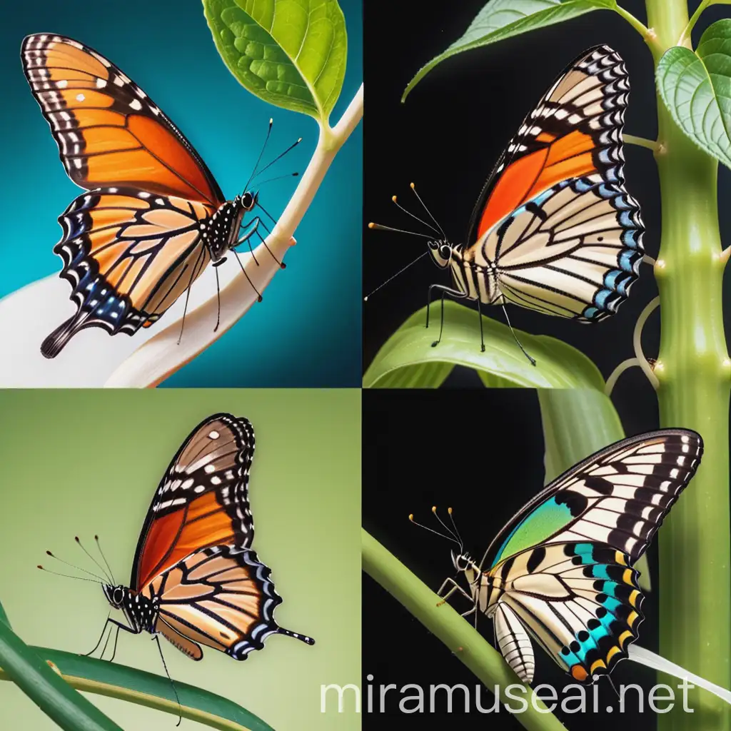 A picture showing the transformation stages of a butterfly from egg to caterpillar, from caterpillar to chrysalis, and from chrysalis to butterfly.