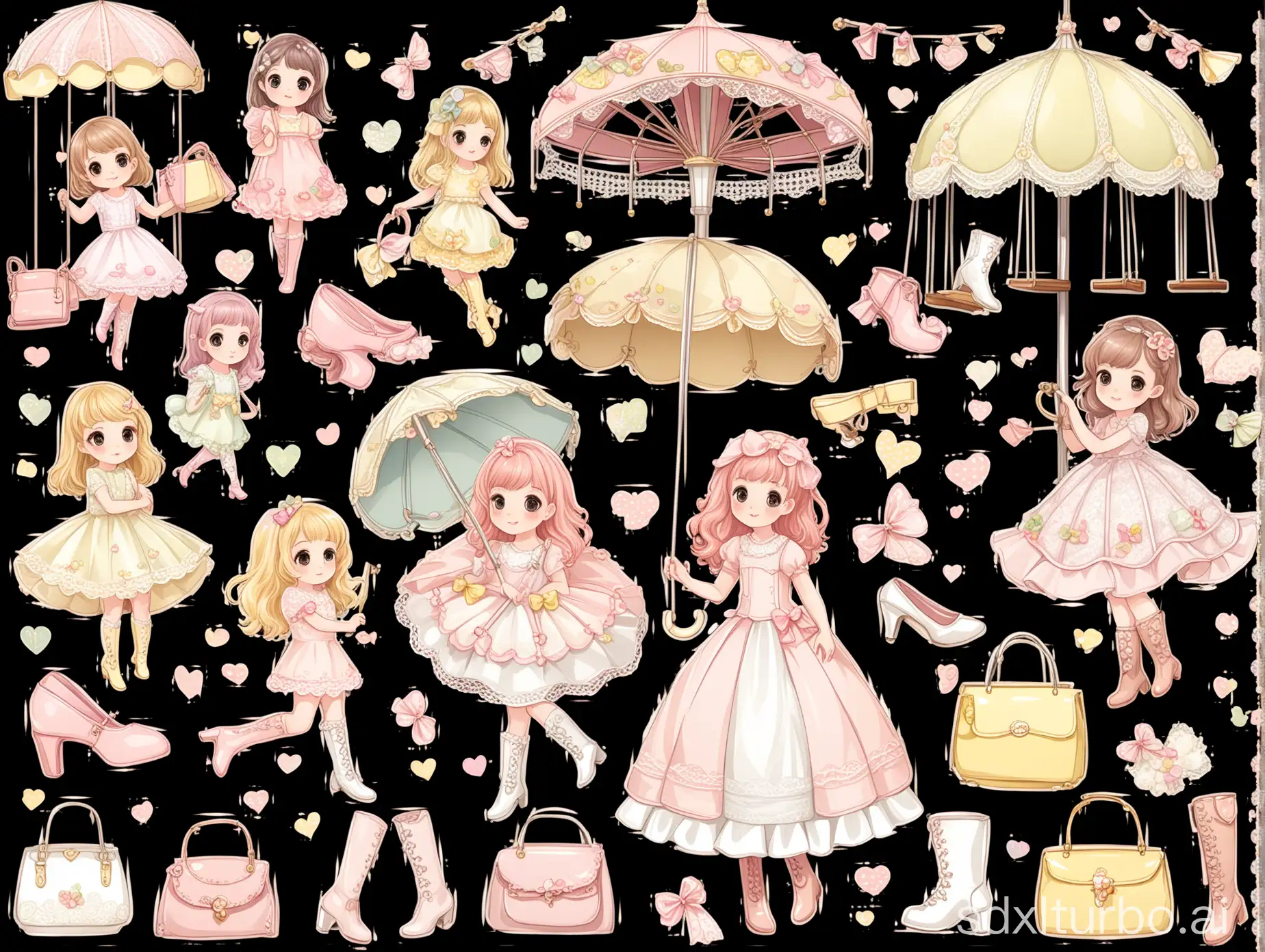 一组日系的透明背景的贴纸图案，以浅粉色、淡黄色为主，包含可爱甜美小女孩、蕾丝遮阳伞、高跟鞋、马丁靴、手提包、秋千、旋转木马等等
