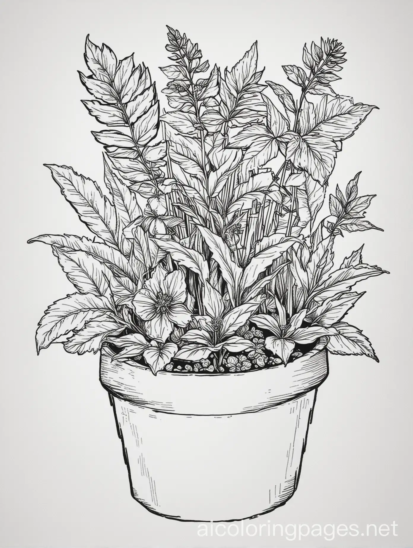coloring book
herbs in pots 
garden tools laying in front, Coloring Page, black and white, line art, white background, Simplicity, Ample White Space. The background of the coloring page is plain white to make it easy for young children to color within the lines. The outlines of all the subjects are easy to distinguish, making it simple for kids to color without too much difficulty