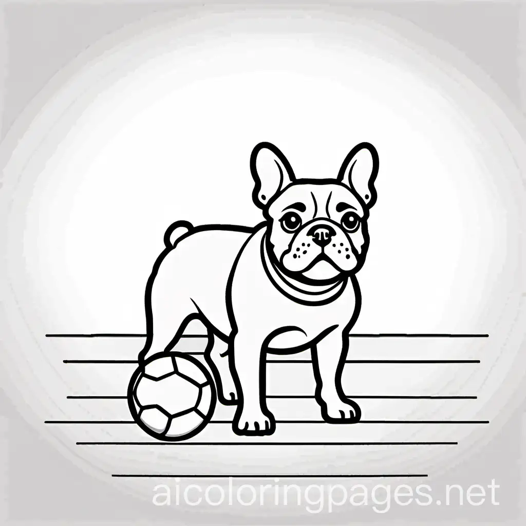 create a drawing of a French bulldog playing with a ball, Coloring Page, black and white, line art, white background, Simplicity, Ample White Space. The background of the coloring page is plain white to make it easy for young children to color within the lines. The outlines of all the subjects are easy to distinguish, making it simple for kids to color without too much difficulty